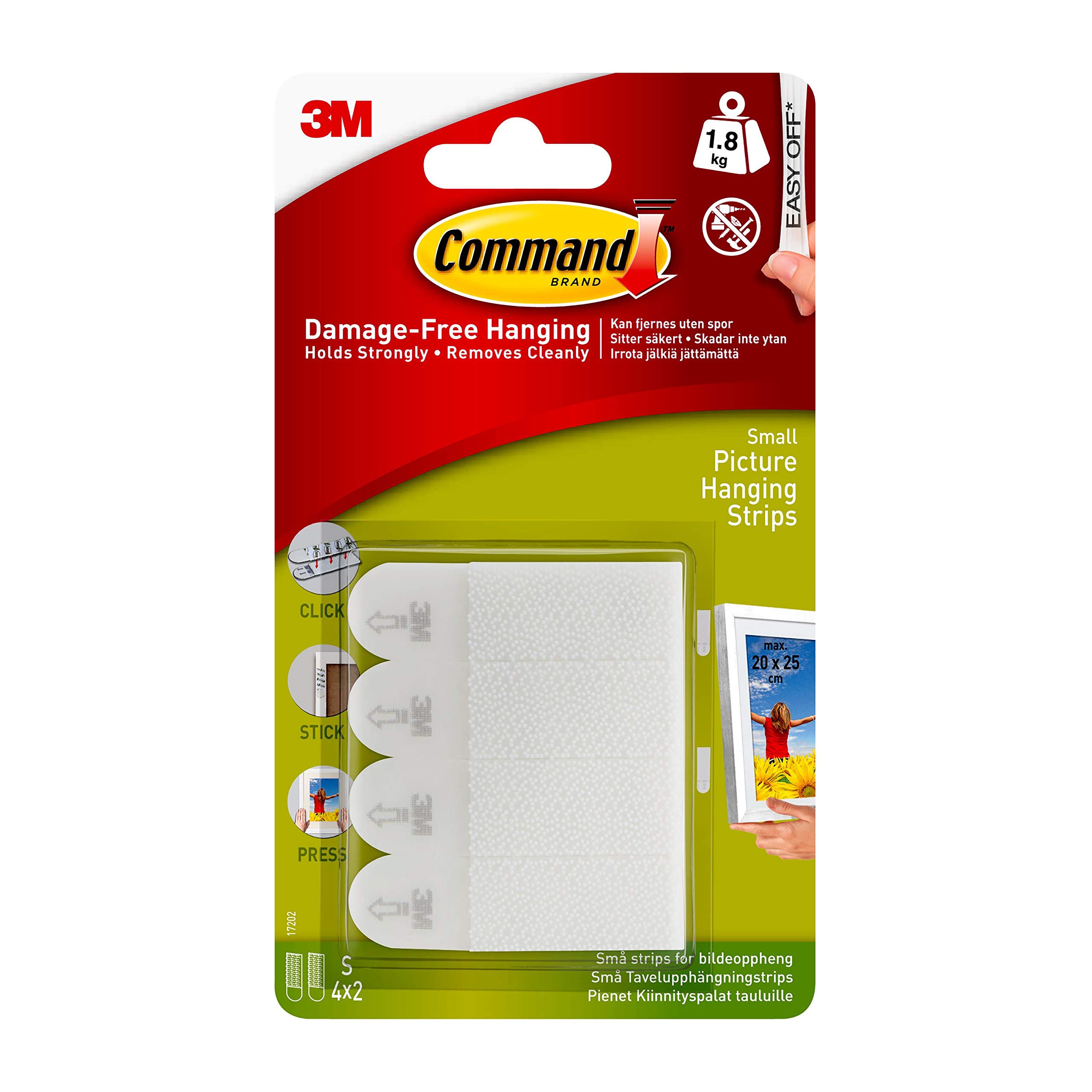 Command 17202 Small Picture Hanging Strips, Set of 4 Adhesive Strips, White - Damage Free Hanging - For Pictures, Frames and Wall Décor - Holds up to 1.8 kg