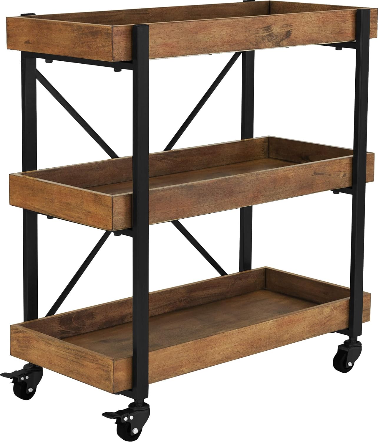 Adore Decor Riley Modern Rustic Rolling Bar Cart with Wheels, 32 Inch Height, Kitchen Organizer Utility, Wood, Matte Black Metal Finish - Kitchen Islands & Carts