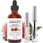 PURA D'OR 4 Oz ORGANIC Castor Oil - w/ 2 BONUS Empty Brushes - 100% Pure USDA Certified Cold Pressed, Hexane Free Eyelash & Eyebrow Serum - For Fuller, Thicker Lashes & Brows - Skin & Hair