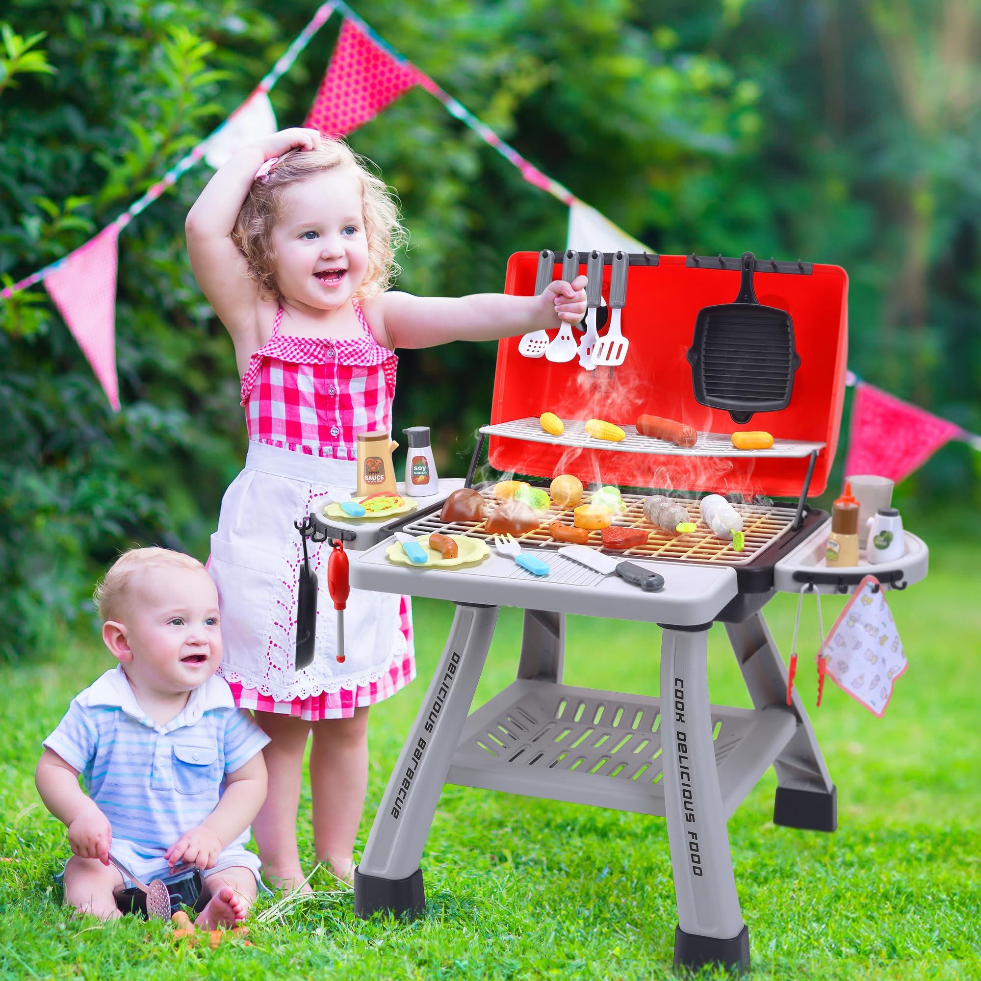 CUTE STONE Kinder BBQ Grill Spielzeug, Küche Spielzeug Set, Realistische Rauch BBQ Grill Spielset mit Spielzeug Küche Zubehör,Barbecue per Bambini Rosa 3