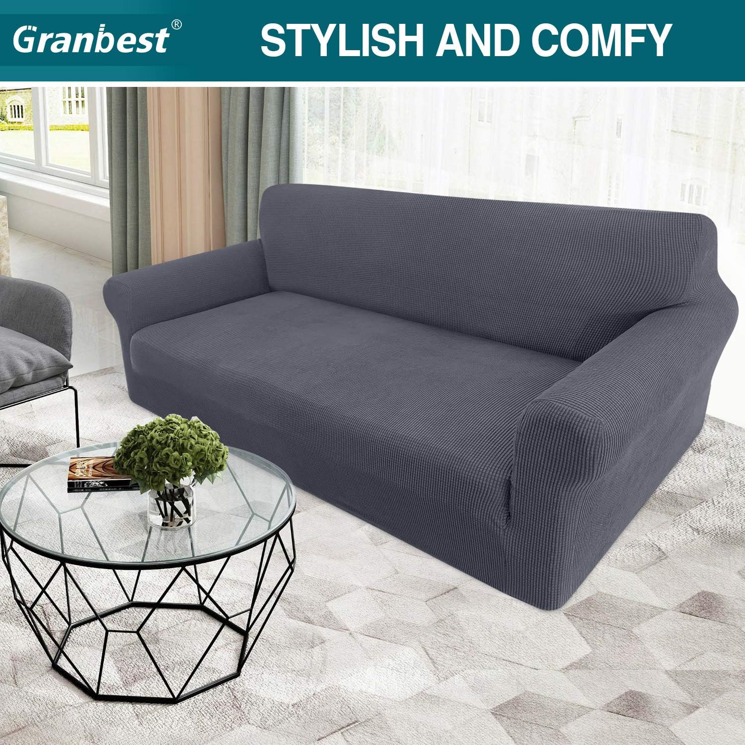 Granbest High Stretch Sofa Covers 4 Seater Super Soft Extra Large Couch Covers for Dogs Pets Cats Jacquard Spandex Non Slip Sofa Slipcover Furniture Protector with Elastic Bottom (4 Seater - Image 3