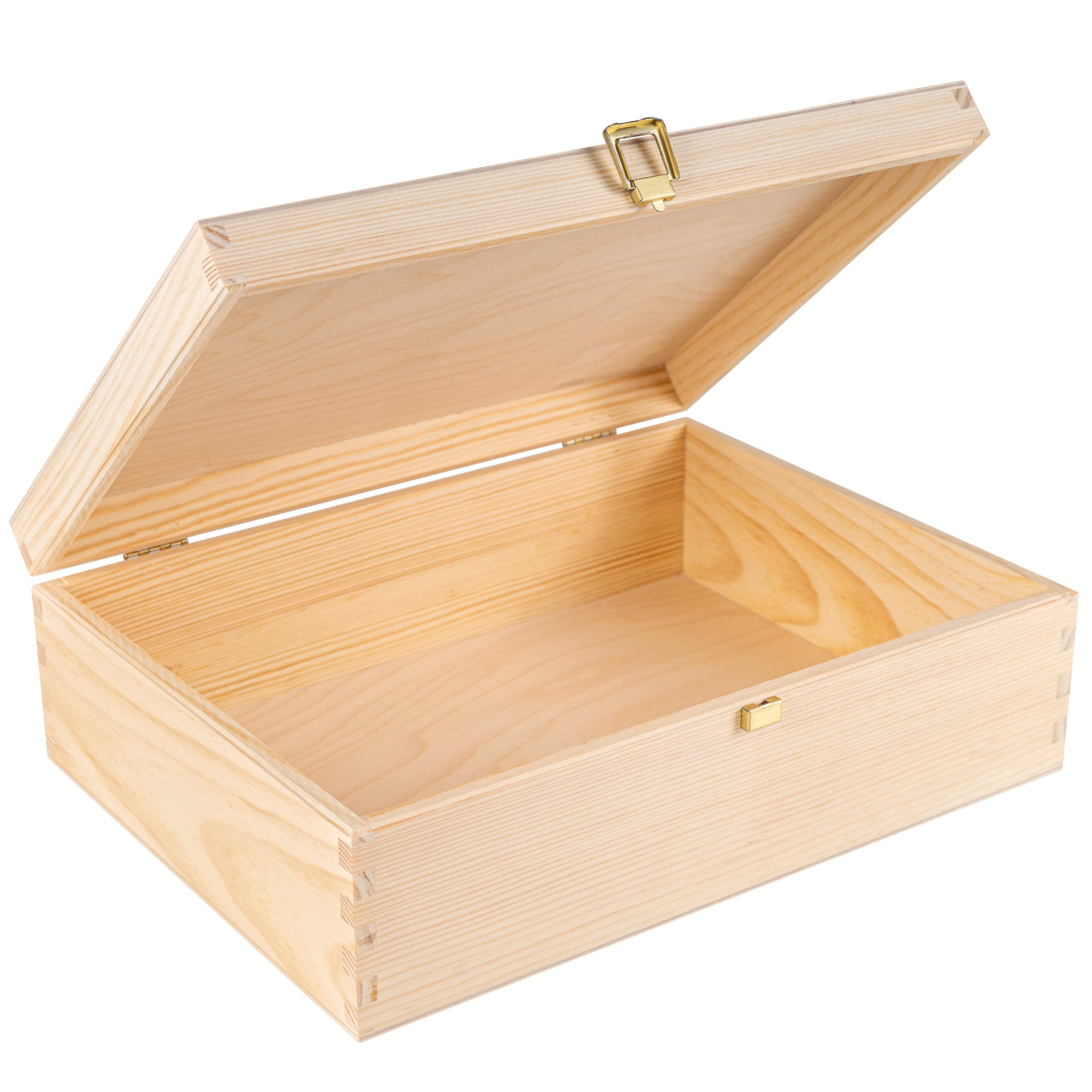 Creative Deco A4 Wooden Storage Box Unpainted Plain | 33.8x24.8x10 (+/-1cm) | Golden Latch & Hinged Lid | Easter Gift Storing Files Documents & Valuables in the Office Bedroom | Jewellery Box