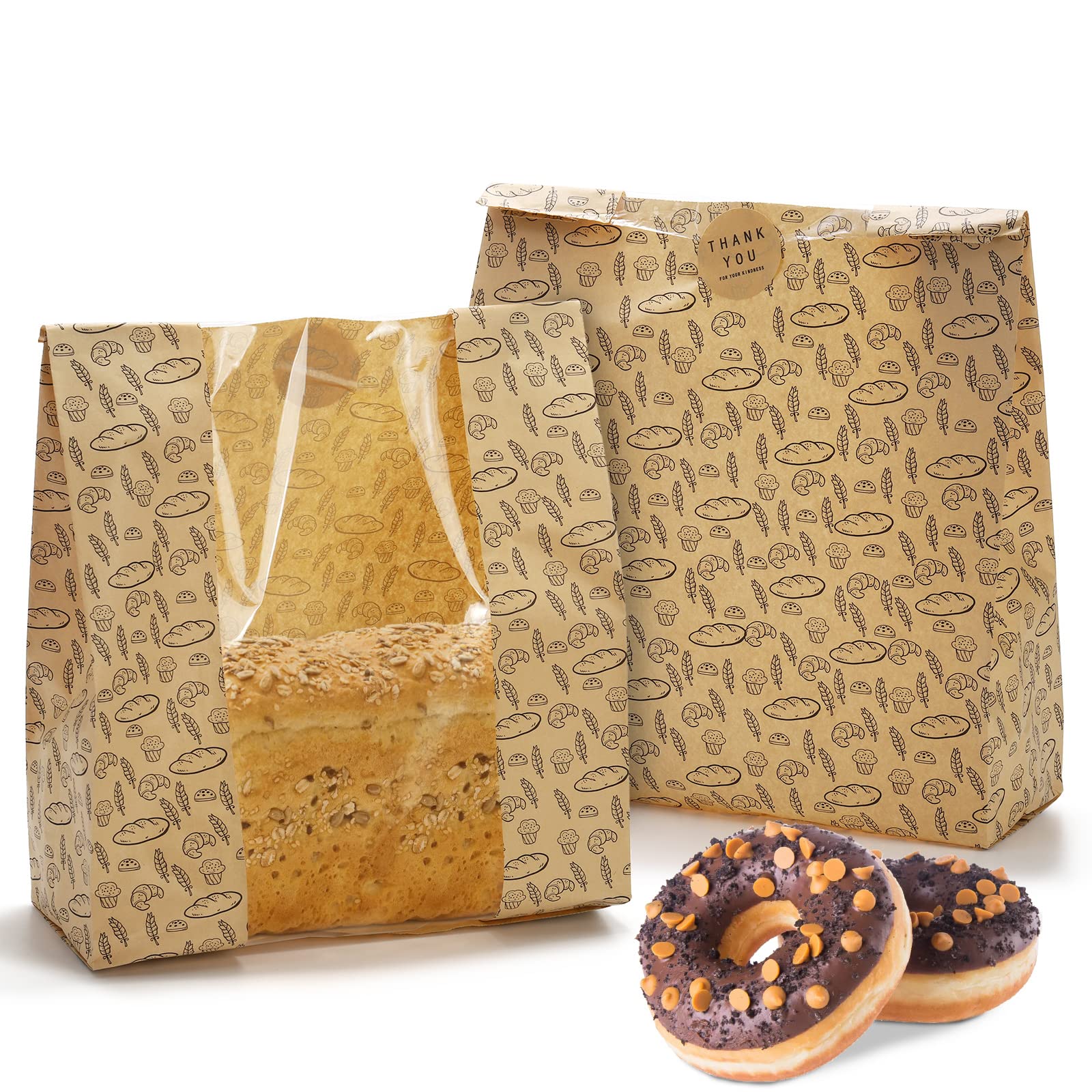 Hacaroa 100 Pack Paper Bread Bags with Clear Window, 10.8"x10"x4" Kraft Bakery Bags with 100 Stickers, Brown Toast Packaging for Bread, Cookies