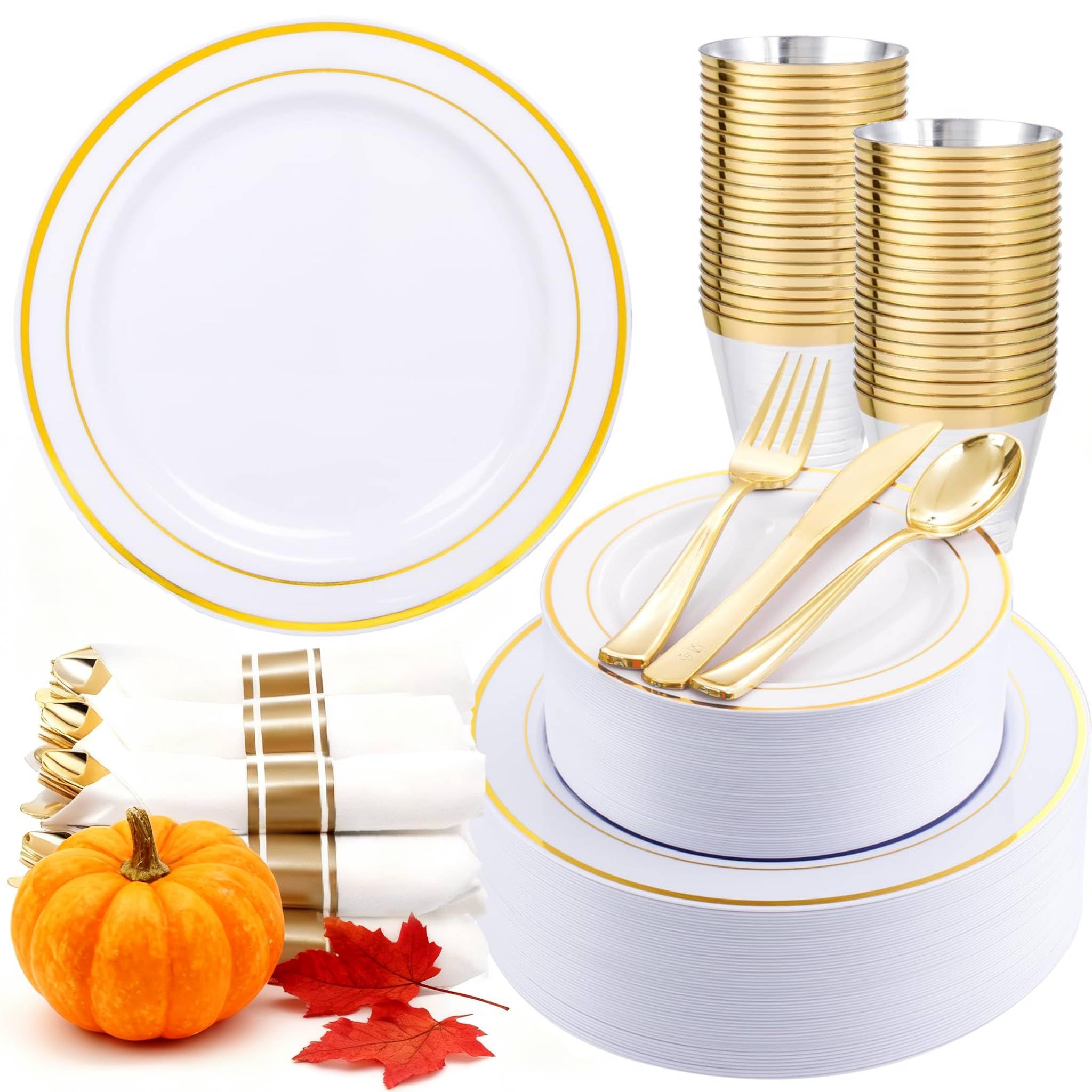Photo 1 of (incomplete) WDF Partyware 350Piece Gold Dinnerware Set for 50 Guests - Gold Plastic Plates with Disposable Cutlery