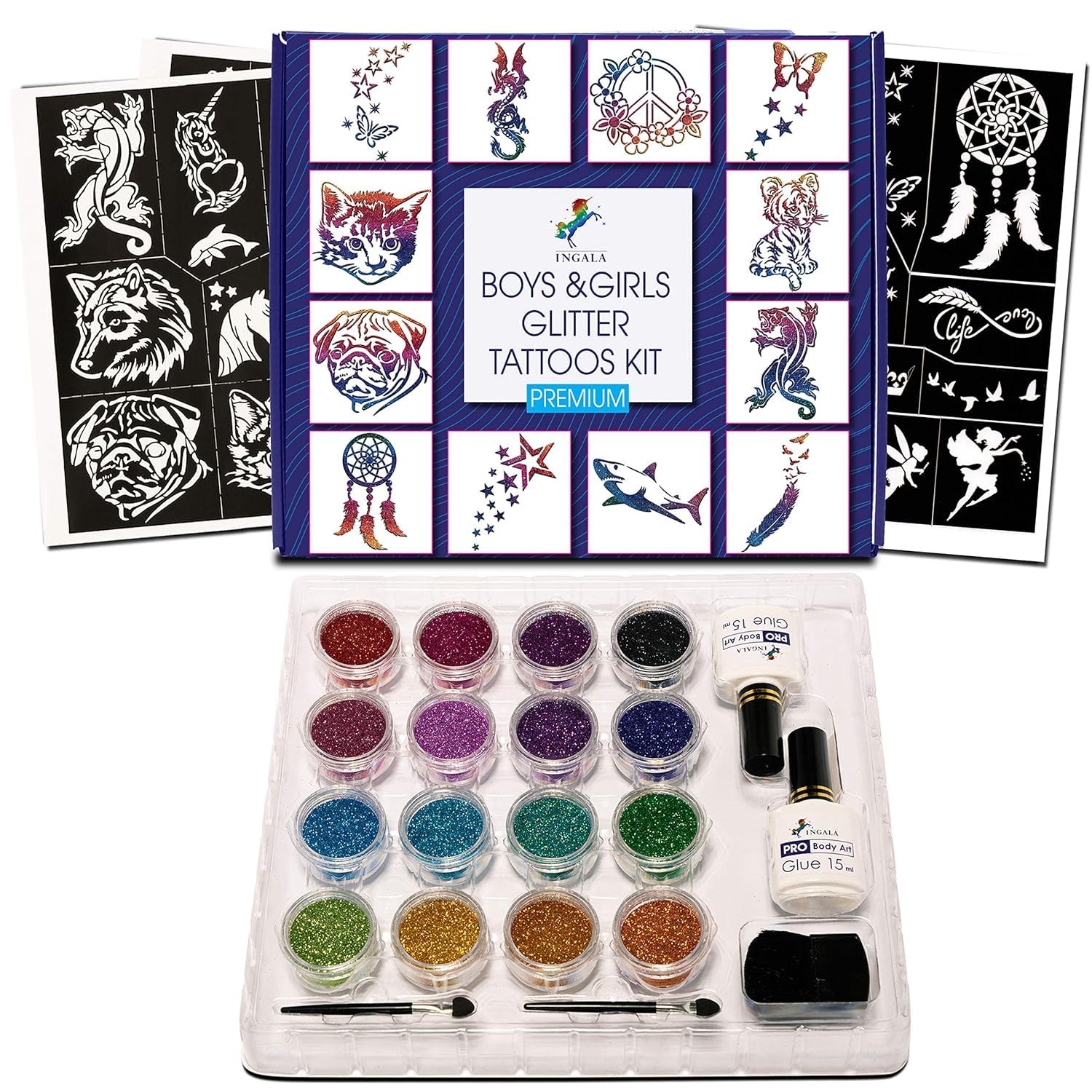 INGALA Premium Glitter Temporary Tattoos Kit for Kids, 74 Unique Stencils, 2 XL Glitter Tattoo Glue, 5-10 Year Old Gifts