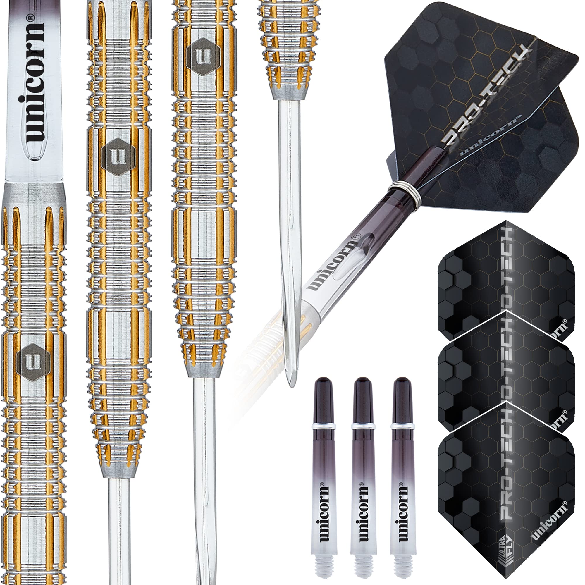 Unicorn Steel Tip Professional Darts Set | Pro-Tech Style 4 | 90% Natural Tungsten Barrels with Golden Accents & Volute Points | 22 g