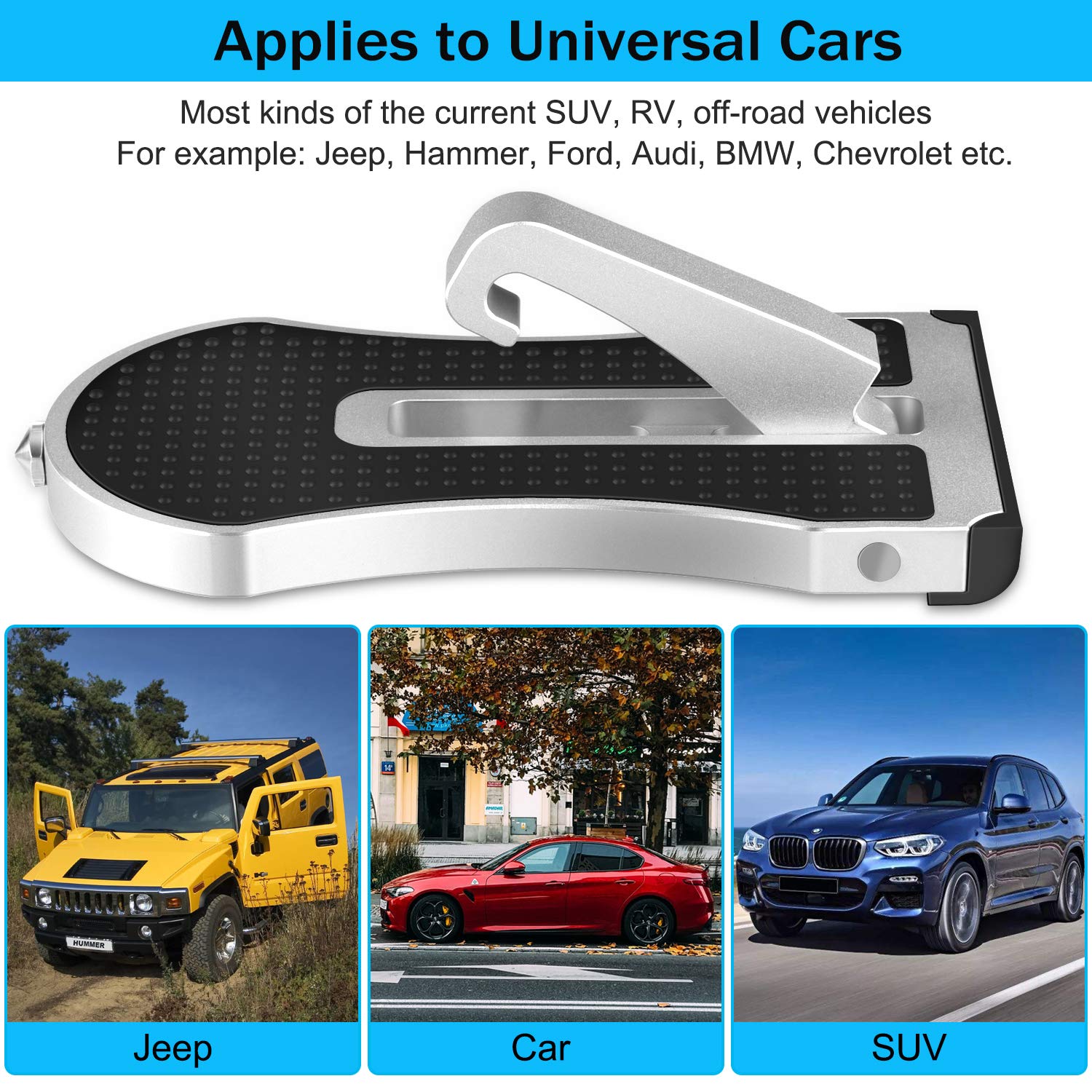 AK Car Doorstep Vehicle Rooftop Folding Ladder Foot Pegs with Safety Hammer Function Hooked on U Shaped Latch for Jeep SUV Off-Road Car, Easily Access to Car Rooftop Roof-Rack