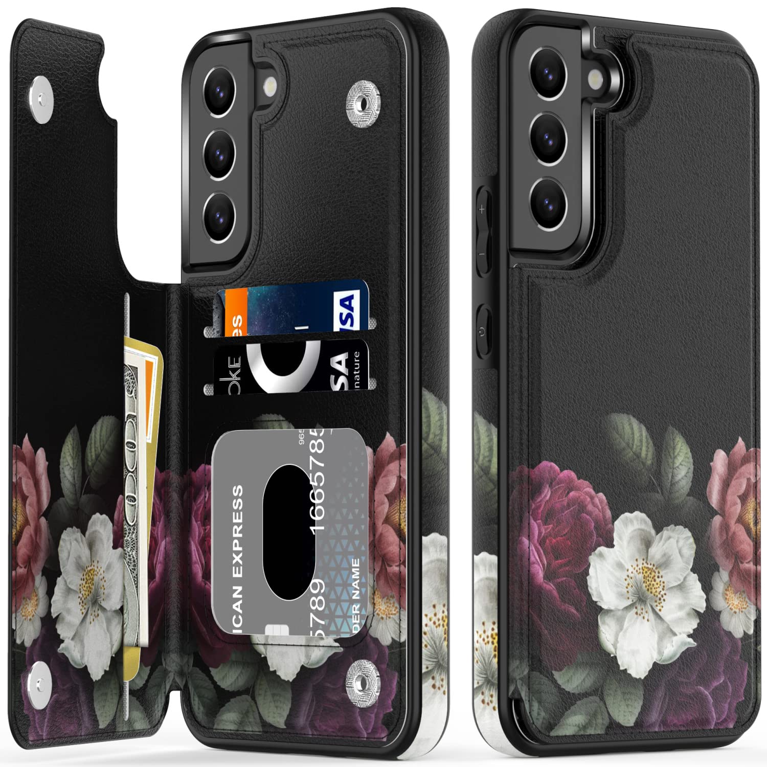 LETO Galaxy S22+ Plus Case,Flip Folio Leather Wallet Case Cover with Fashion Flower Designs for Girls Women,with Card Slots Protective Phone Case 6.6" Cute Florals