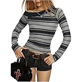WDIRARA Women's Striped Off Shoulder T Shirts Long Sleeve Tees Fitted Tops