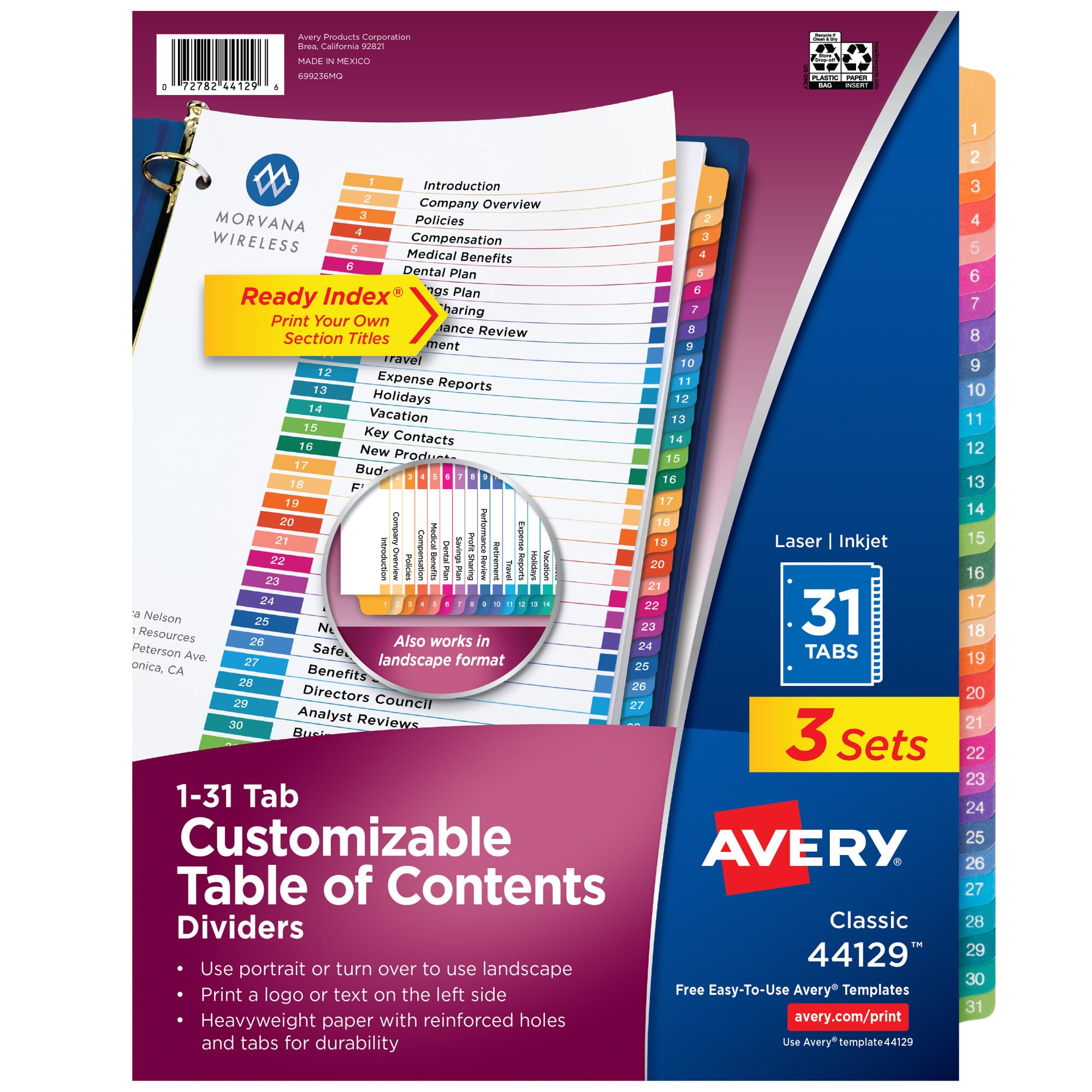 Avery 1-31 Tab Dividers for 3 Ring Binders, Customizable Table of Contents, Multicolor Tabs, 3 Sets (44129)