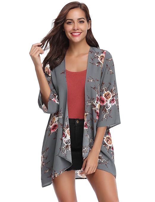 Abollria Damen Chiffon Kimono Cardigan Elegante Leichte Sommerjacke 3/4 Arm Casual Strand Cover Up für Urlaub