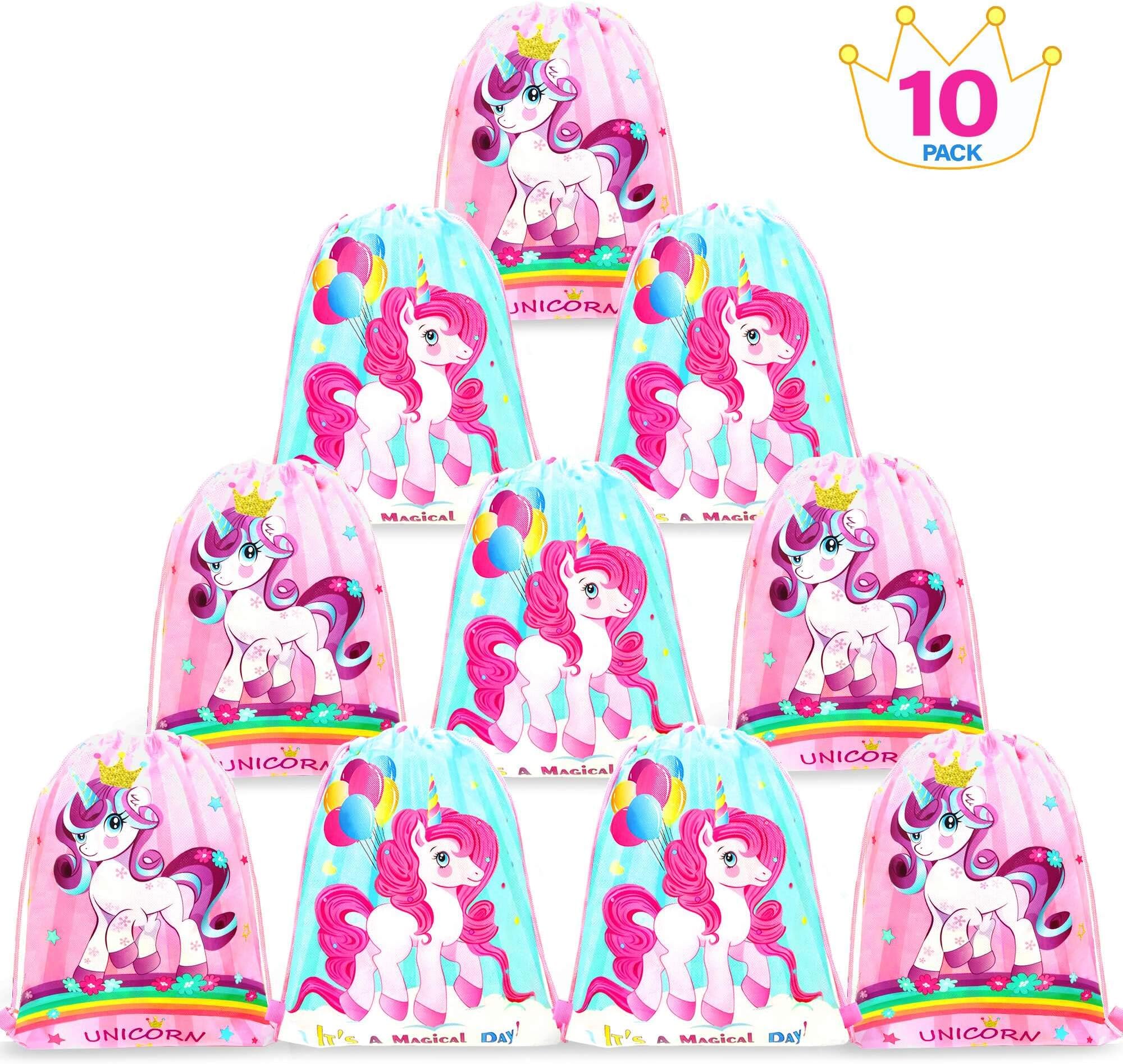 Grier Unicorn Party Supplies Favors Bags for Girls Kids,10Pack 14x11inch Pink Drawstring Backpack Shoulder Bag Bulk Assorted Goodie Treat Bags for Birthday Party Favors Gifts