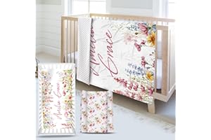 Custom Name Crib Bedding Set 3-Piece, Pink Flowers Pattern Personalized Baby Bedding Set with Soft Blanket, Fitted Sheet, Cha