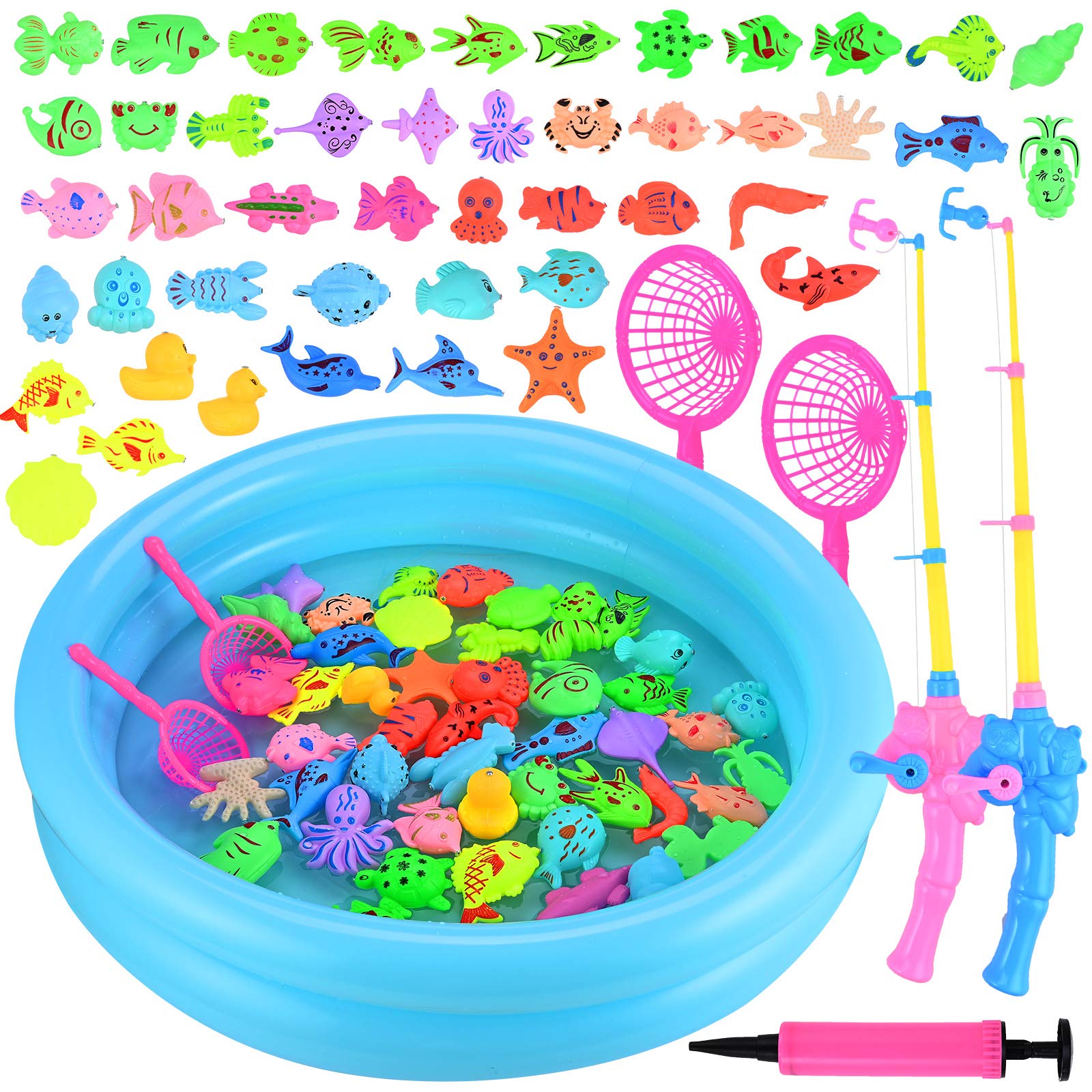 GOLDGE Magnetic Fishing Toys, 52 PCS Fishing Game Set for Kids with Inflatable Pool, 2 Pole Rods, 2 Nets, 46 Plastic Floating Fish and Mini Inflator, Toddler Educational Bath Toy Play Set