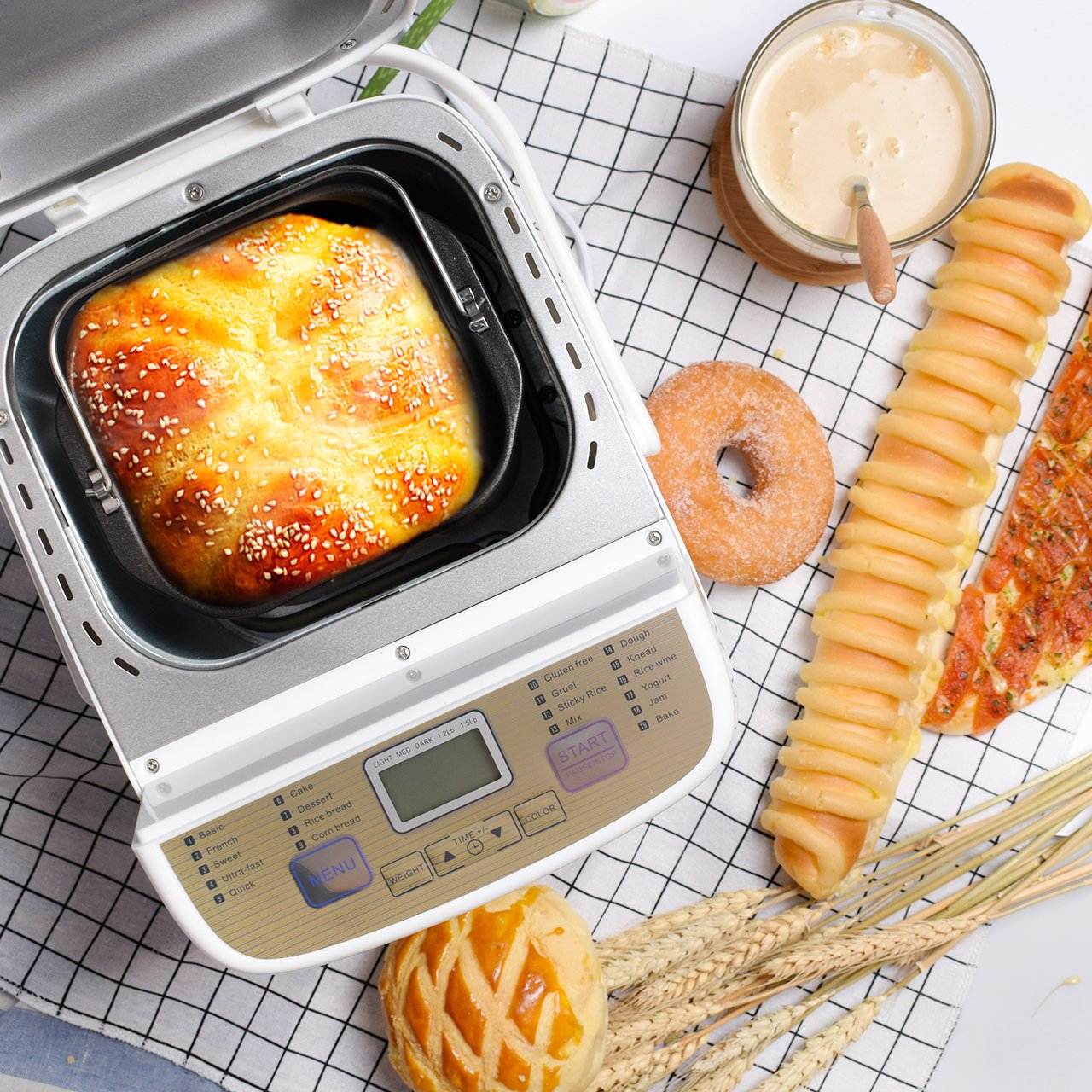 COSVII Programmable Bread Machine with Removable Non-stick Pan- 1.5-Pound Loaf, All Kinds of Breads, 15-Hour Delay Time, Gluten-free Setting, 2 Loaf Sizes, 3 Crust Colors, Automatic keep warm 1 hour