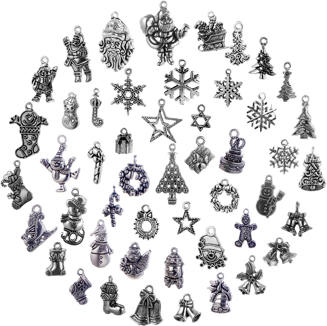 Christmas Charms, Jewelry Findings Making Accessory for DIY Necklace Bracelet 50 pcs (Antique Silver Xmas)