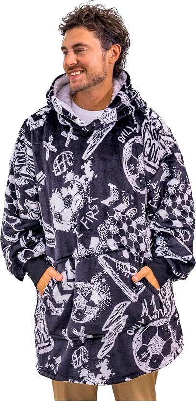 The Big Softy Blanket Hoodie Oversized Football Print Black 38” Long