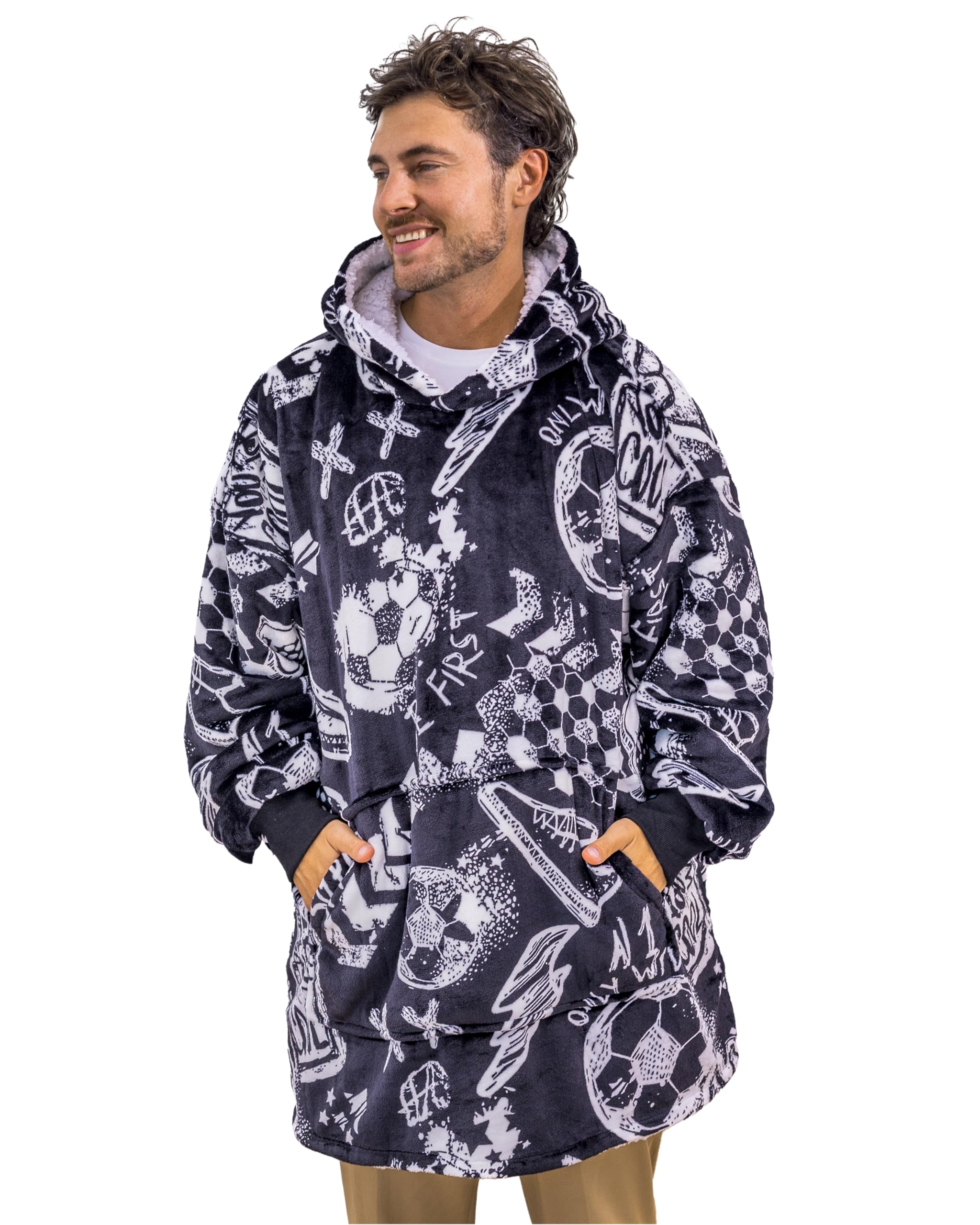 The Big Softy Oversized Blanket Hoodie Men - Football Graphic Print Black Oversized Hoodie, Soft Sherpa Warm Hooded Blanket, Football Gifts for Men, Women, Girls, Boys, Friends