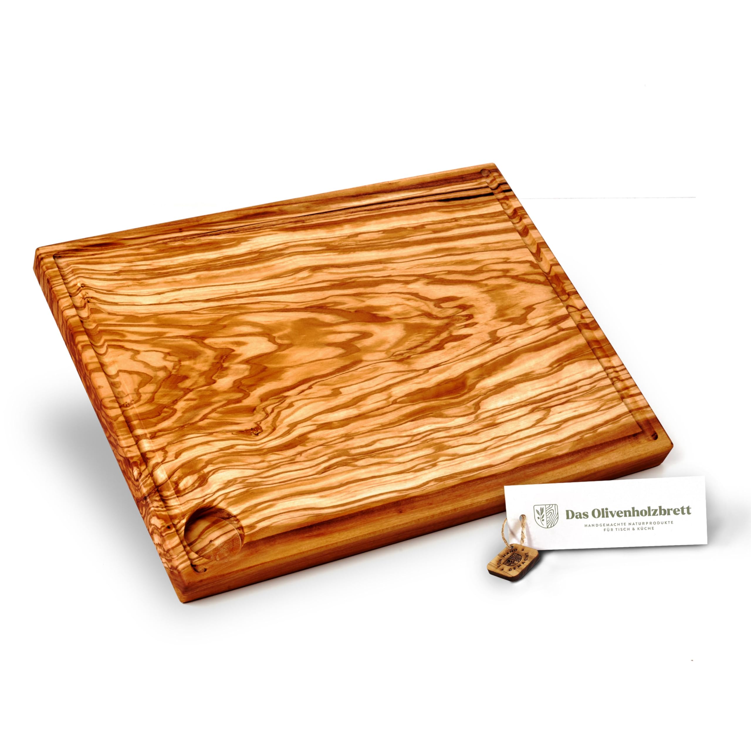 DAS OLIVENHOLZBRETT® Chopping Board with Juice Groove Made of Olive Wood, Carving Board/Large Barbecue Board, Rectangular, Approx. 35 cm x 25 cm x 2 cm