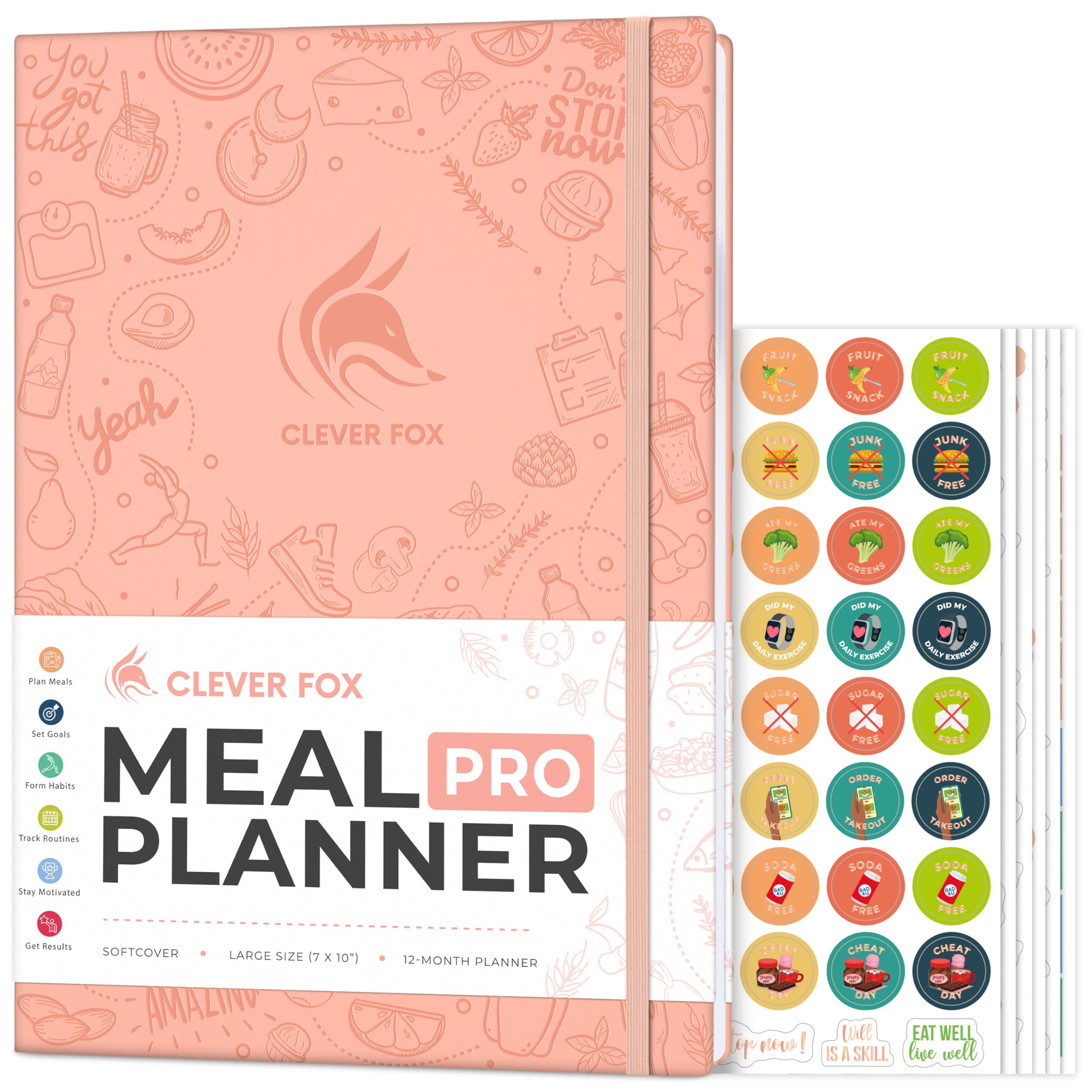 Clever Fox Meal Planner PRO – Weekly Meal Prep & Nutrition Journal with Grocery List & Weigh Loss Tracker – Diet & Fitness Log Book (Light Pink)