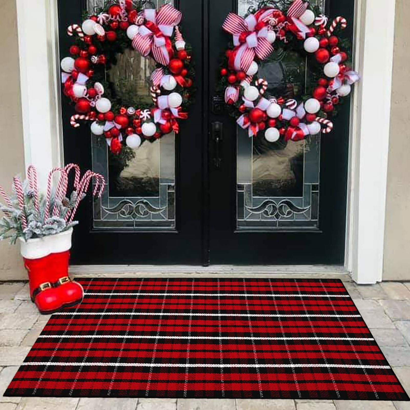 Photo 1 of Buffalo Plaid Outdoor Rug, 3' x 5' Christmas Red & Black Check Indoor/Outdoor Area Rug, Layering Rug for Hello/Welcome Door Mat, Machine Washable Cotton Woven Farmhouse Mat for Front Porch Décor