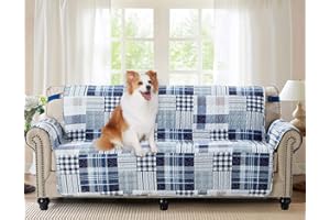 Brilliant Sunshine Blue Plaids and Stripes Patchwork Couch Cover, Quilted Oversized Loveseat Slipcover, 54" Seat Width, Reversible Furniture Protector, 2" Strap, Washable Cover for Kids, Dogs, Blue