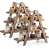 Reallnaive 2 Pack Wood 3 Tier Serving Tray Three Tiered Cupcake Stand Rustic Rectangle Serving Platter for Party Decorative Tray Wooden Farmhouse Decor