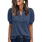 ANRABESS Women's Tops Puff Short Sleeve Henley Shirt Dressy Casual Blouses Summer Sweater 2026 Spring Business Cute Tunics