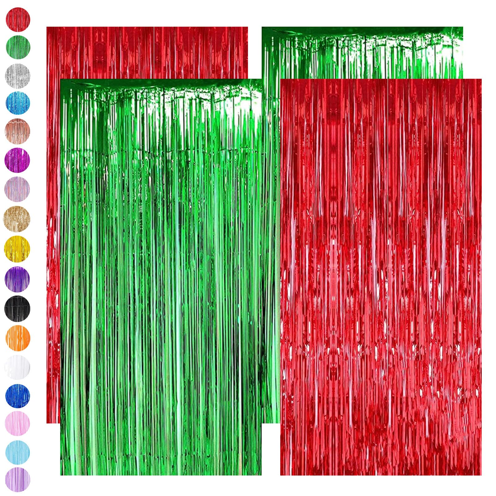 Red Green Tinsel Curtain Party Backdrop,4pcs 3.2ft x 6.5ft Foil Curtain Christmas Decorations,Foil Fringe Streamers Metallic Tinsel Door Hanging Foil Flow Silk Streamers for Christmas Holiday Party