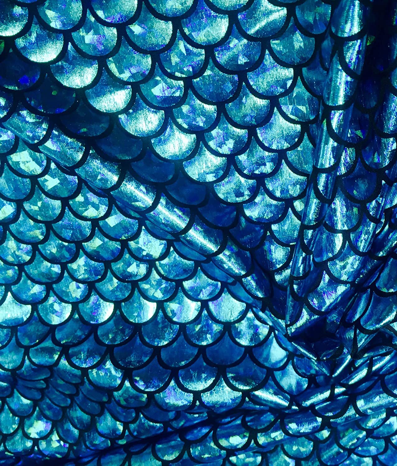 Mermaid Scale Print Fabric Fish Tale Scales Foil - 2 Way Stretch Material Lycra Spandex - Bikini, Costume, Dress, Decor - 145CM Wide (1 METRE, Blue)