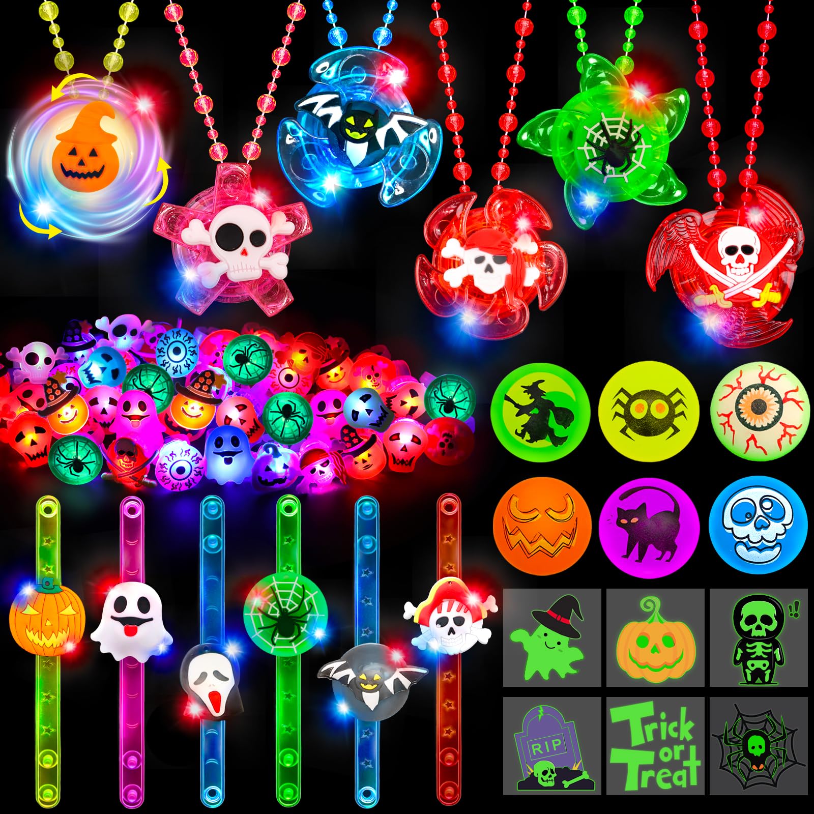 Photo 1 of 100PCS Halloween Party Favors for Kids Glow in The Dark Party Supplies Light Up Necklace Bracelet Rings LED Halloween Toys for Trick or Treat Gifts Halloween Treats Goodie Bag Fillers Classroom Prizes
