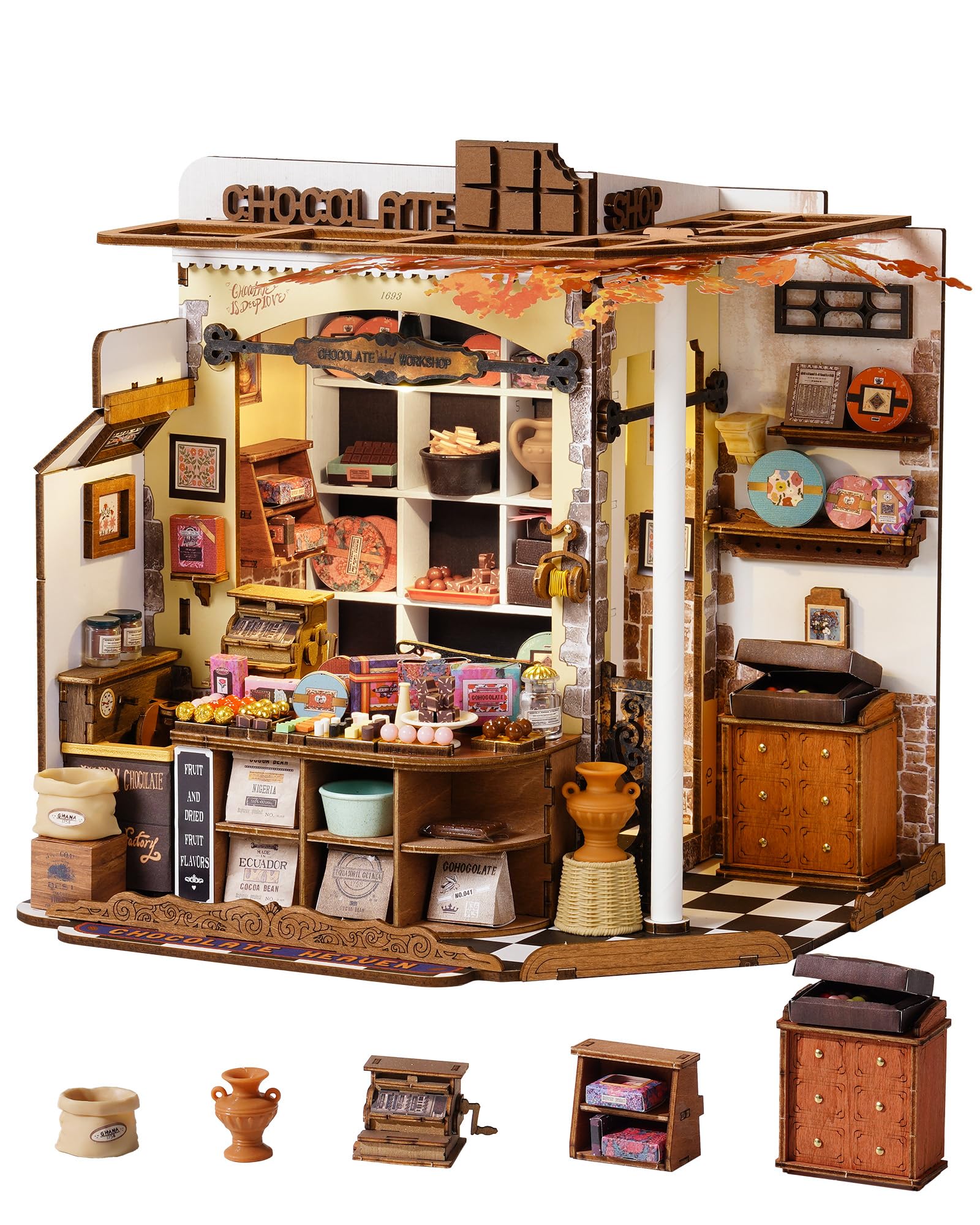ROBOTIME DIY Miniature House Kit Henry's Chocolate, Wooden Dollhouse Model Building Kit With LED and Furniture, Home Decor Craft Gifts for Adults and Teens