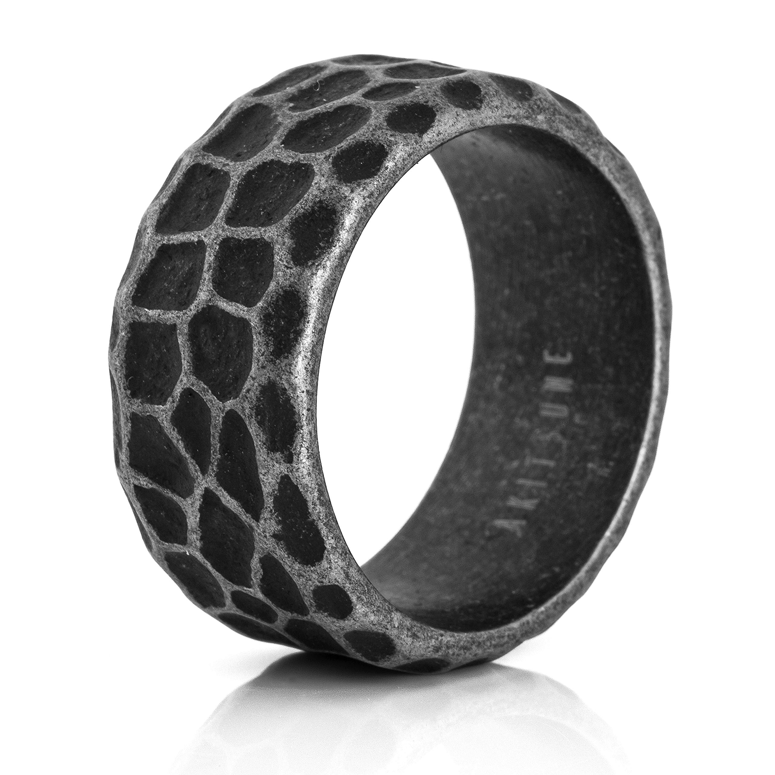 Akitsune Terra Ring | Rock Granite Hammered Ring Mens Stainless Steel Designer Antique Silver US 11