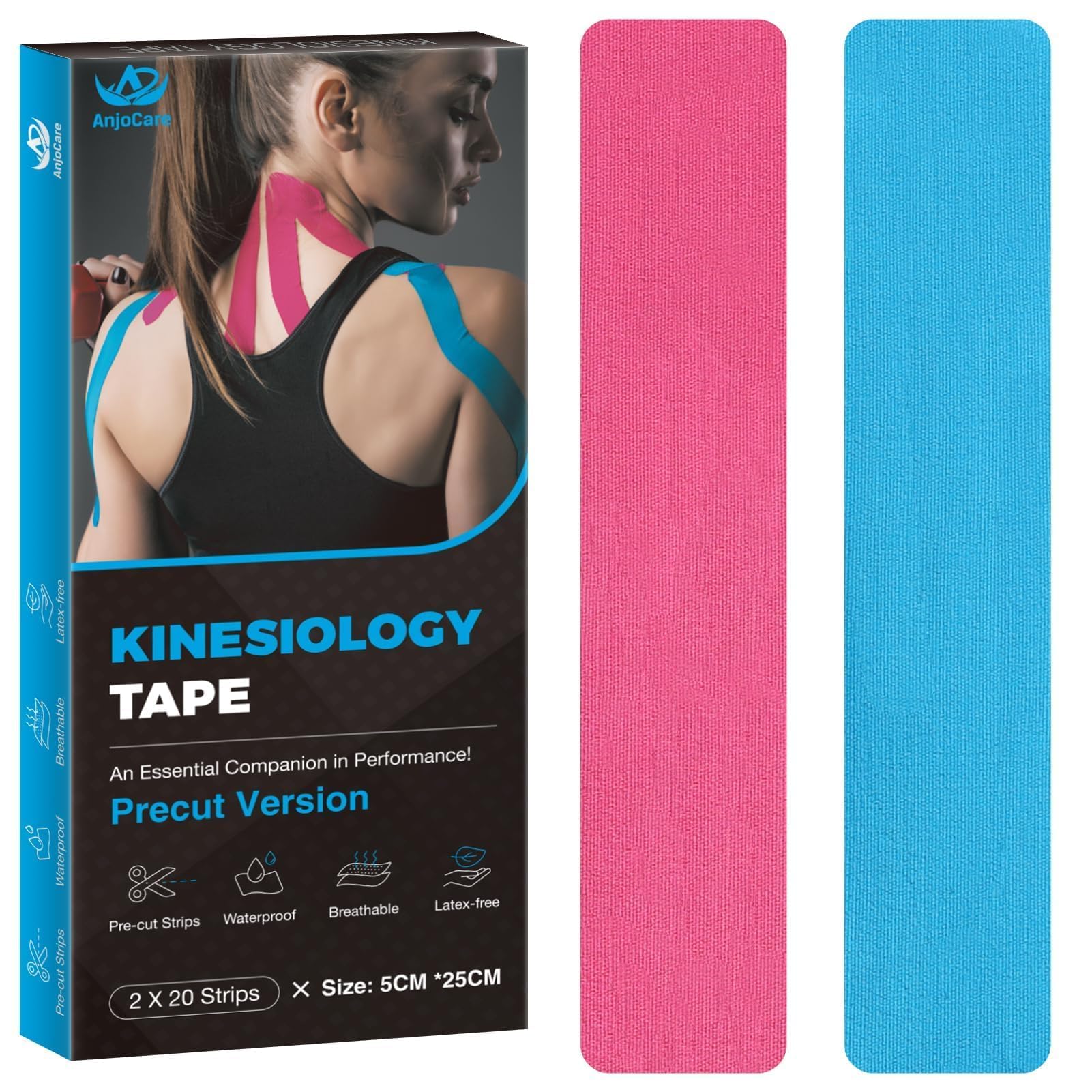 AnjoCare Kinesiology Tape Precut 2 Rolls,Elastic Kinesiology Therapeutic Tape for Physical Therapy,Sports and Injury Recovery,Athletic Sports Tape for Knee,Ankle & Shoulder (2 x 20 Strips) Blue & Pink