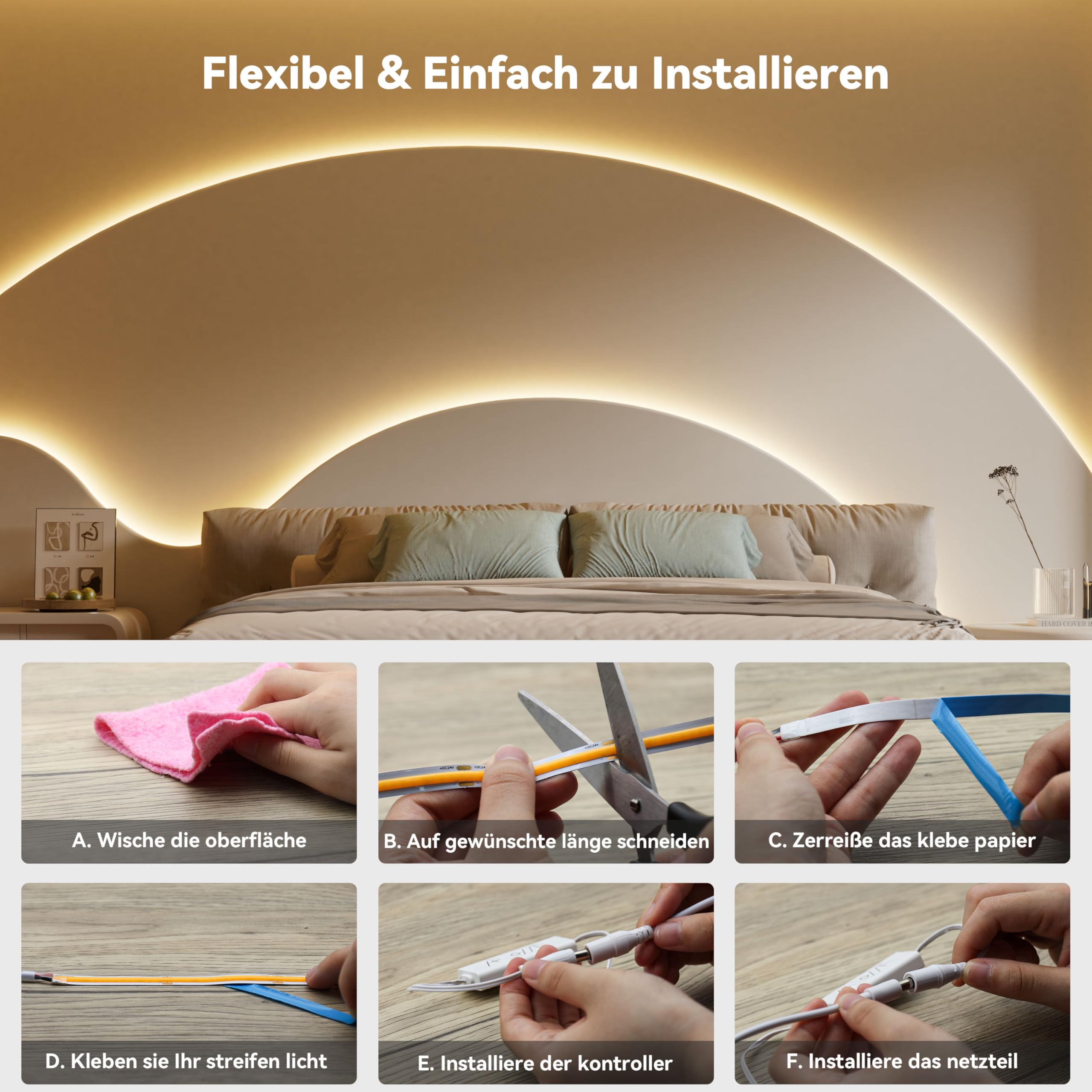 PAUTIX COB LED Streifen 2700K Warmweiss 5M,480LEDs/M Dimmbar 24V Weiß LED Streifen Licht Set mit RF Fernbedienung und Netzteil,CRI93+ Hell Unterbauleuchte für Home DIY Dekoration Timerfunktion. 6