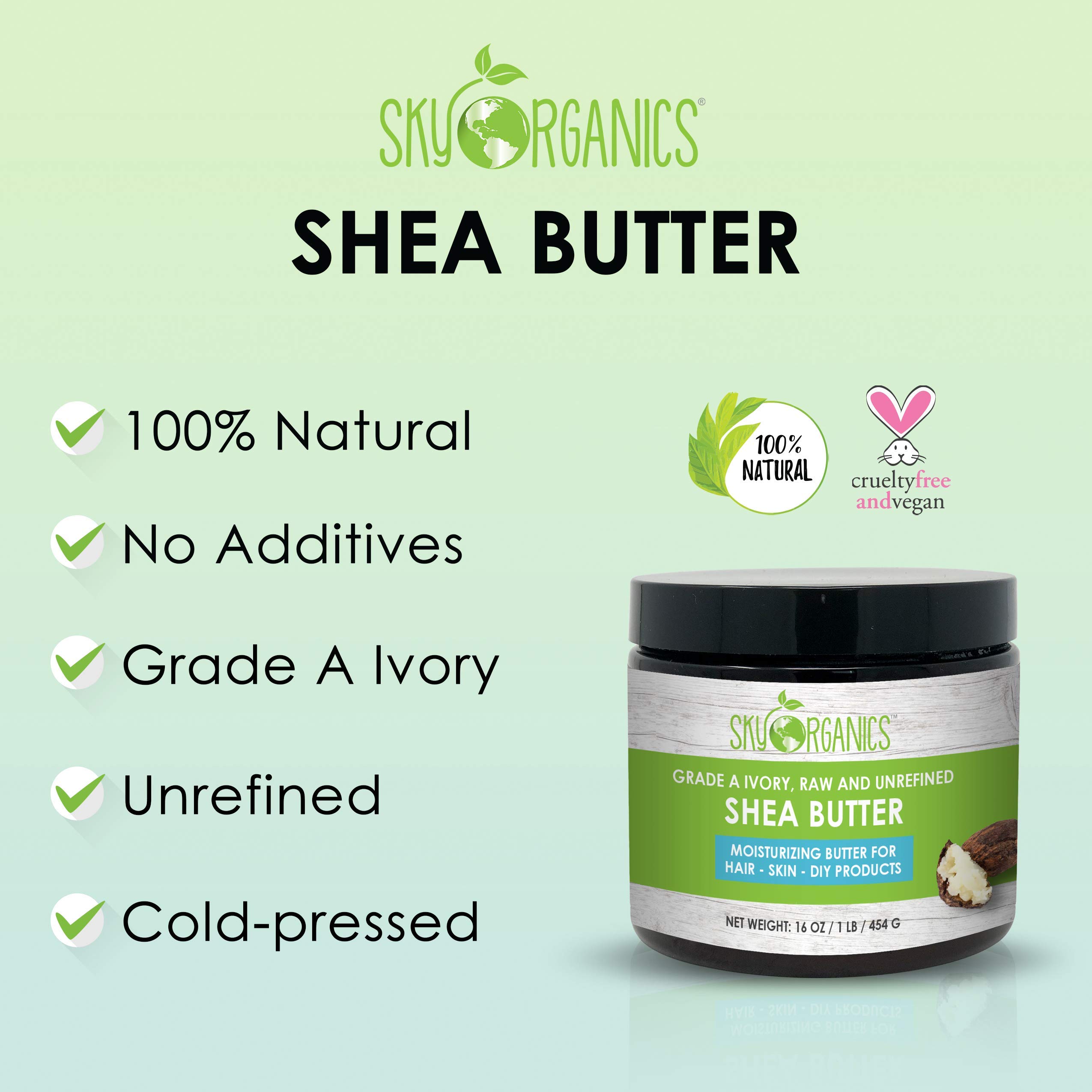 Organic Raw Unrefined Shea Butter By Sky Organics (16oz) Grade A Ivory Shea Butter Skin