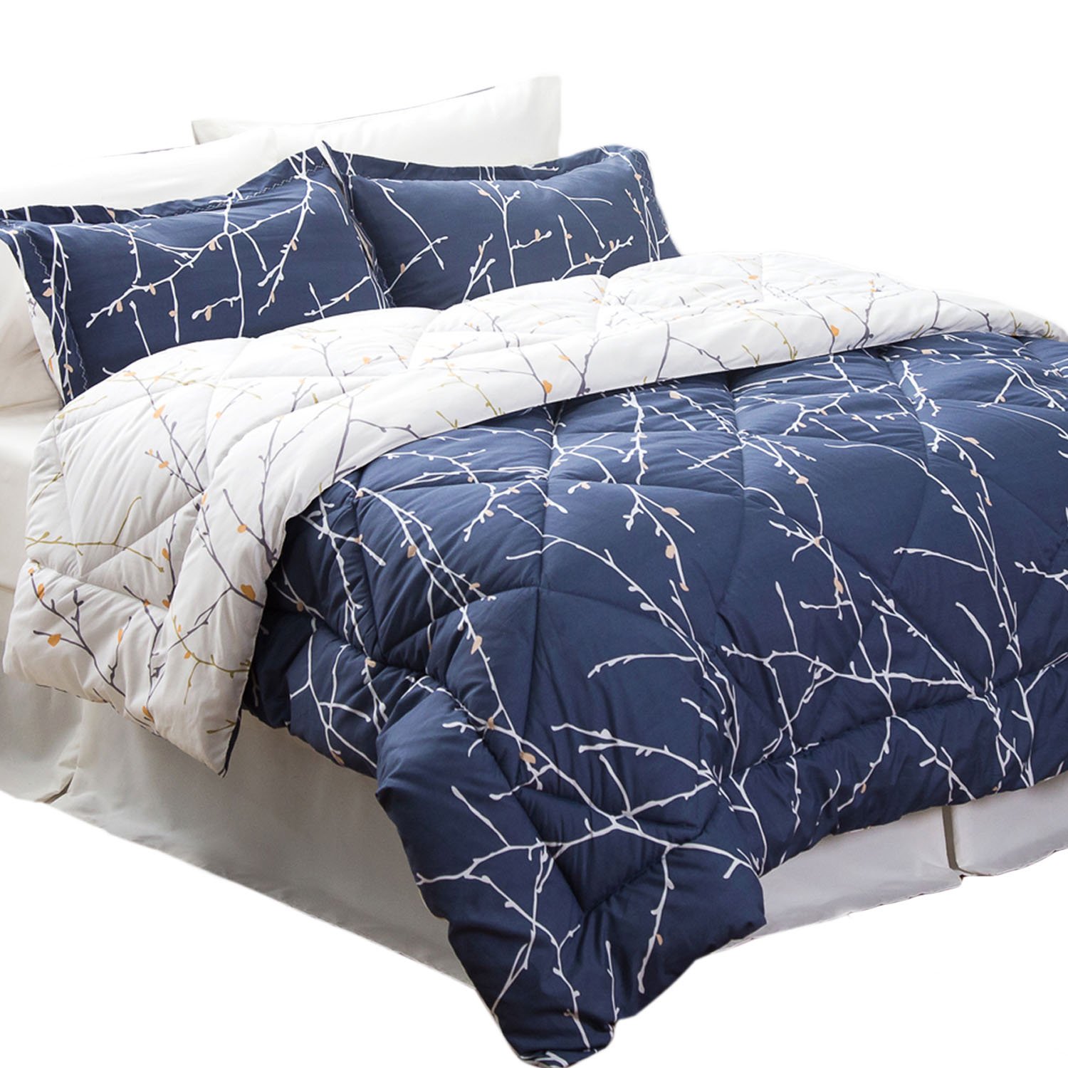 Bedsure 8 Piece Comforter Set King Size(102"X90") Navy\/Camel Branch Down Alternative Bed in A Bedsure 8 Piece Comforter Set King Size(102"X90") Navy\/Camel Branch Down Alternative Bed in A