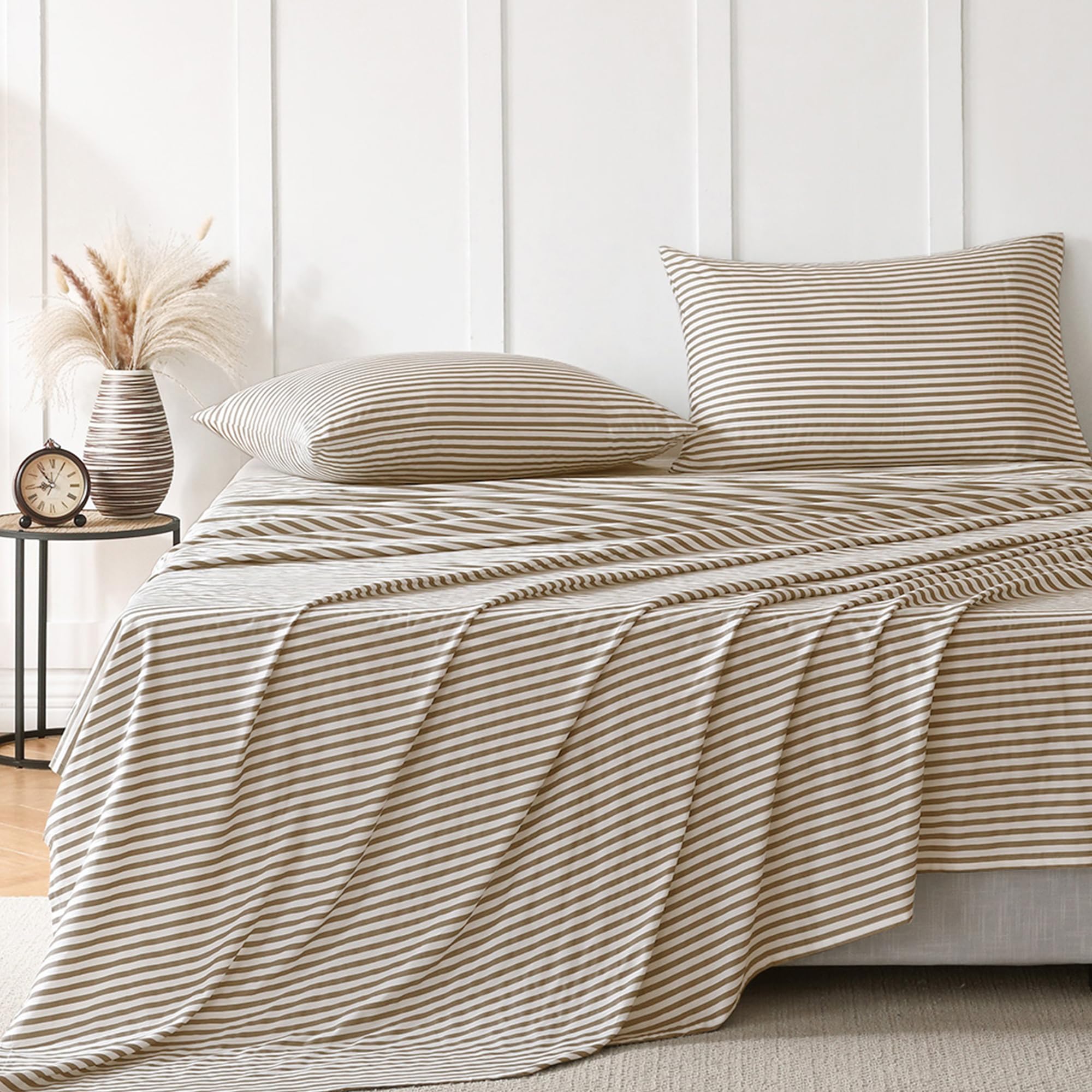 Photo 1 of JELLYMONI Striped Sheets Set King Size, 4 Pieces 100% Cotton Bed Sheets - 16" Deep Pockets Fitted Flat Sheet & Pillowcase Bedding Set, Ultra-Soft, Machine Washable