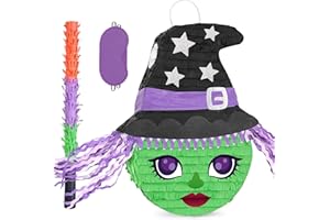 WERNNSAI Halloween Witch Pinata - Green Witch Pinata Halloween Party Games for Kids Costume Party Decor Favor School Scary Game Wizarding World Party Supply with Bat & Blindfold