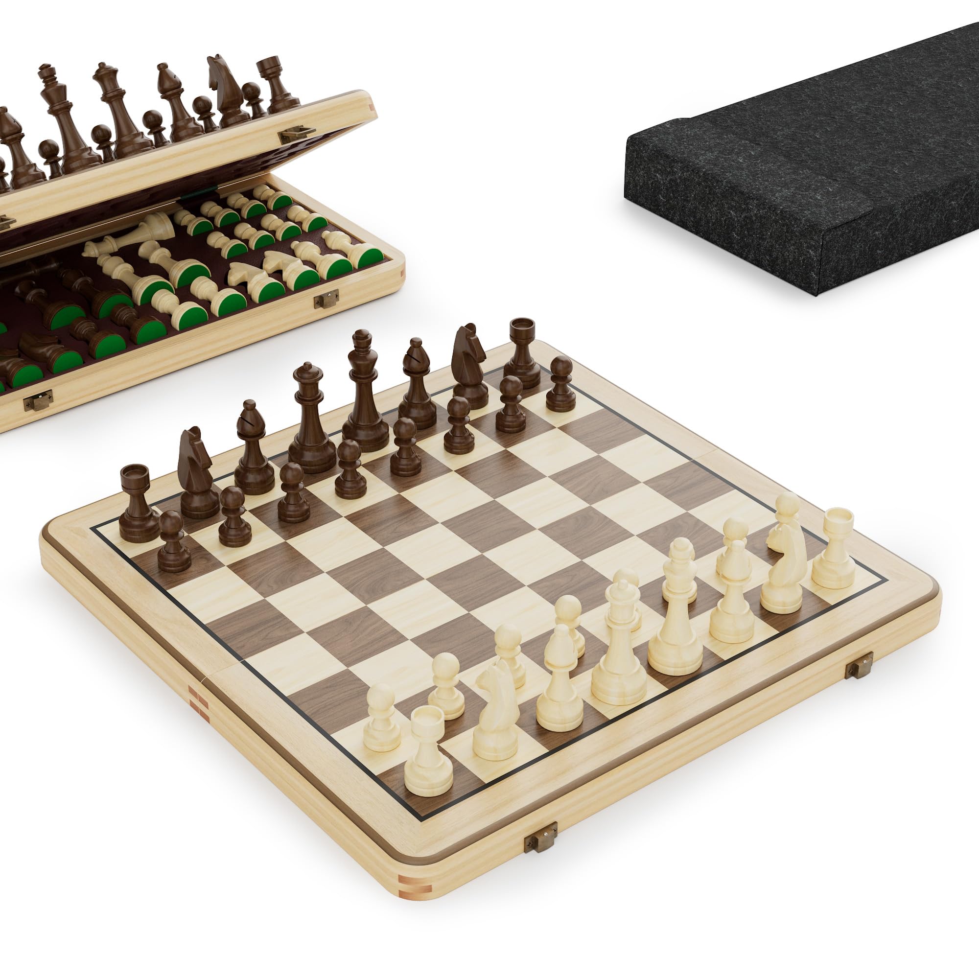 15 Inch Magnetic Wooden Chess Set, Pine Wood Folding Chessboard with Brown Dual-Sided Storage Trays, 2 Extra Queens & Dust-Proof Bag, Portable Travel Board Game (Natural)