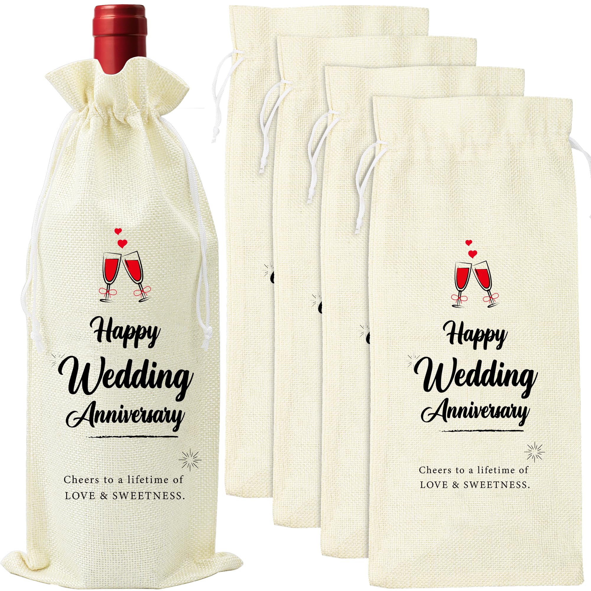 Omoojee Wedding Anniversary Wine Bag, Couple Gift for Married Anniversary, Flax Drawstring Wine Bag (4 Pack)