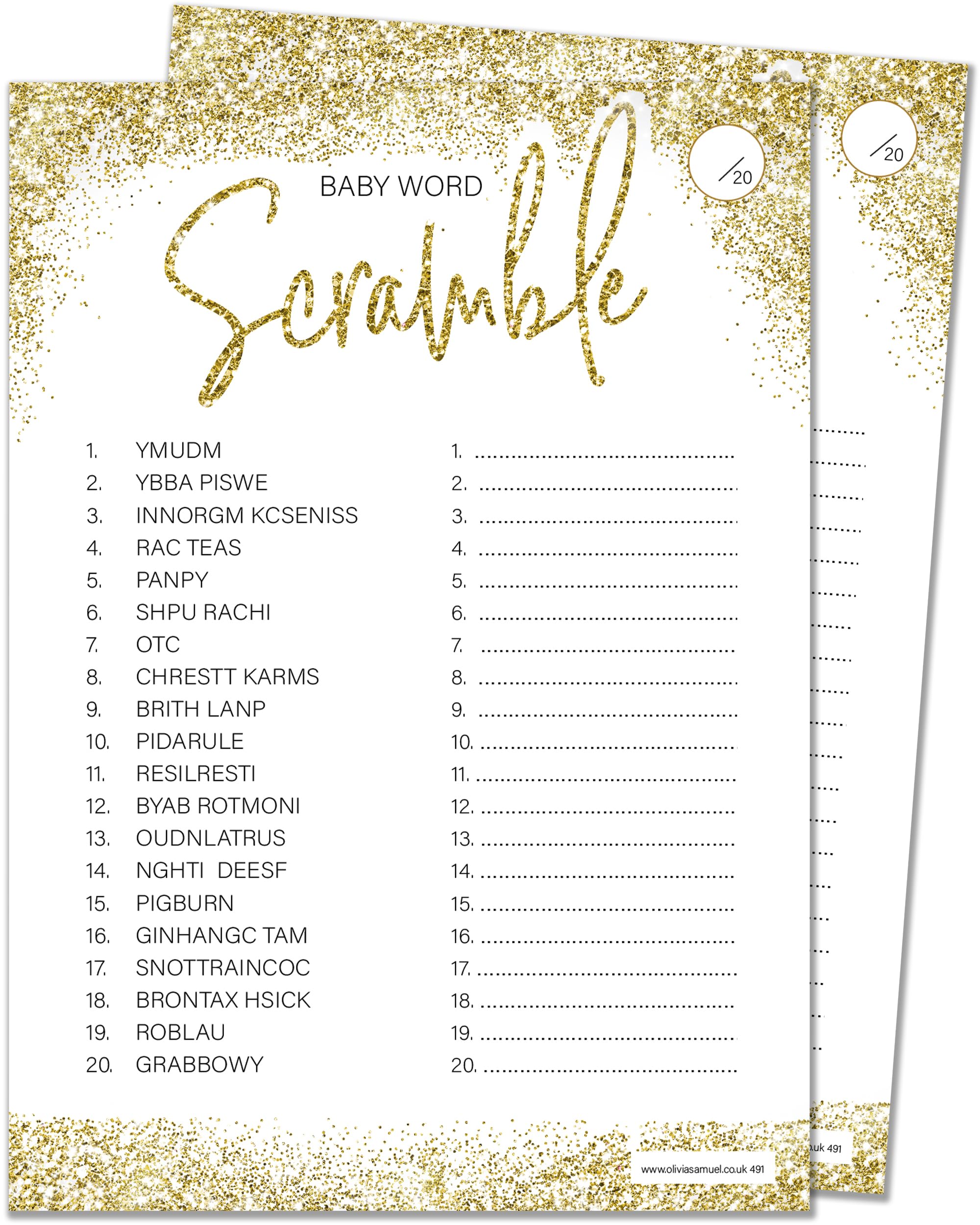 Olivia Samuel Word Scramble Baby Shower Game for up to 30 Players from Gold Sparkle Design with Winner Certificate – Unisex – Made in the UK