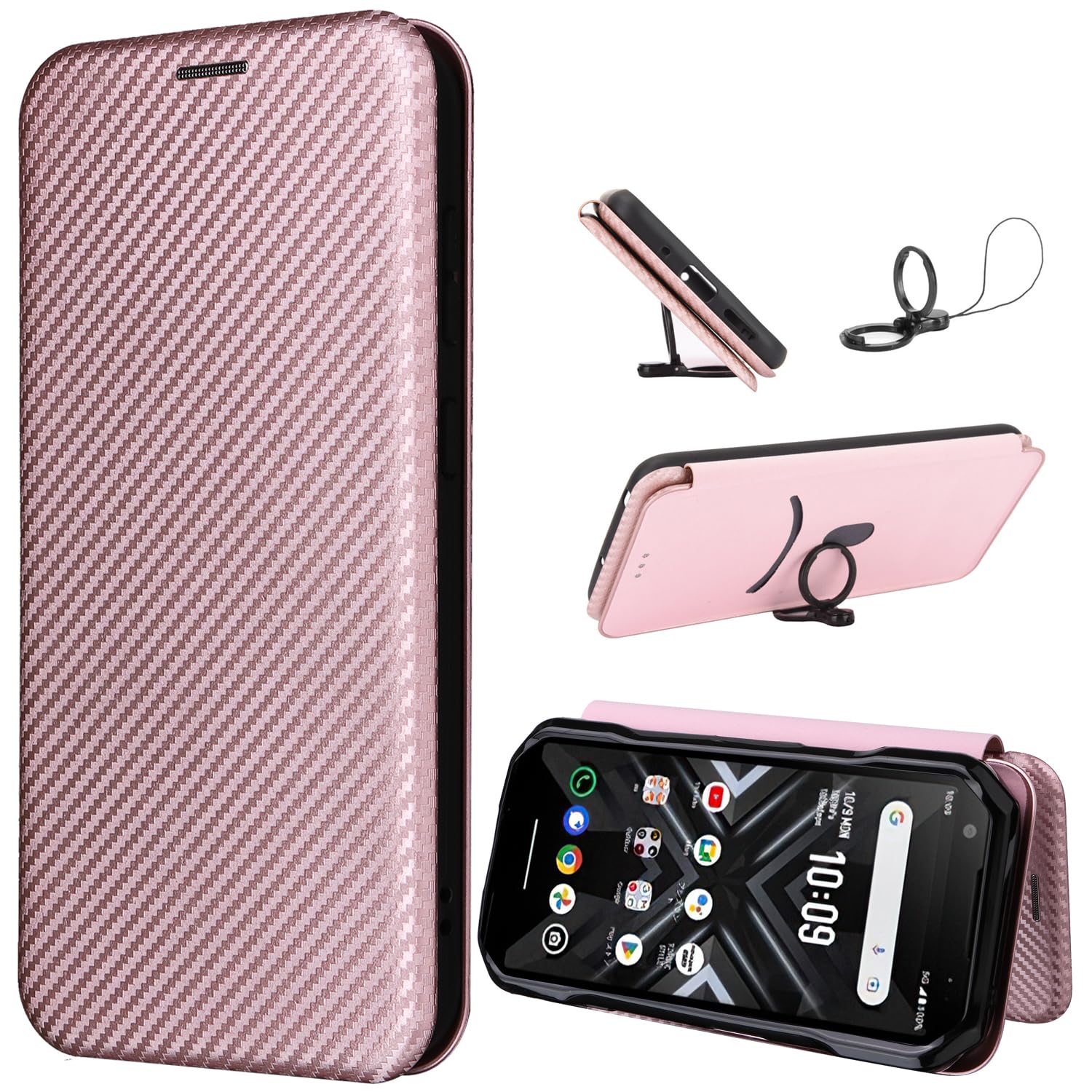 SHIEID Wallet Case for TCL 505 Carbon Case, has Kickstand function and Card Slots with Magnetic Buckle Phone, Carbon fiber Phone Case Compatible with TCL 505-RG Rose red