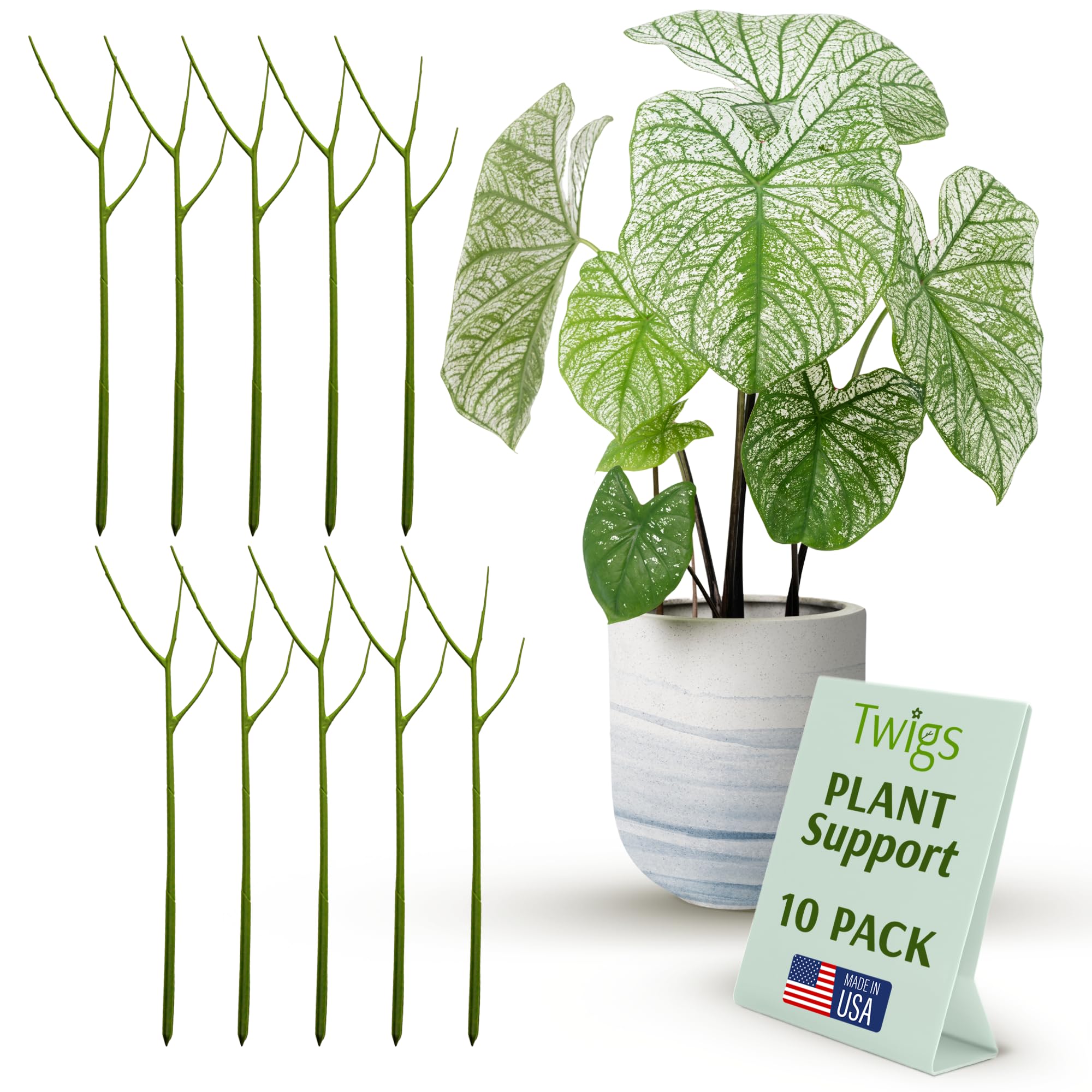 Twigs GA - Plant Support Stakes for Indoor & Outdoor Use, Durable Trellis Alternative for Climbing & Potted Plants, Houseplant Stem Holder Structures - Peony (Light Green), 10 Pack, 22" L, Original Image