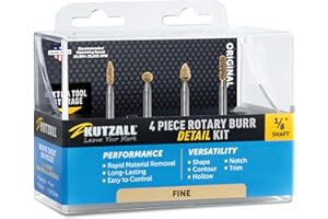 Kutzall 4-Piece Rotary Burr Detail Kit - 1⁄8" Shaft, Fine – Wood Carving Bit for Dremel, Foredom, Ryobi, DeWalt, Milwaukee Tools - Structured Tungsten Carbide, 18FKIT02