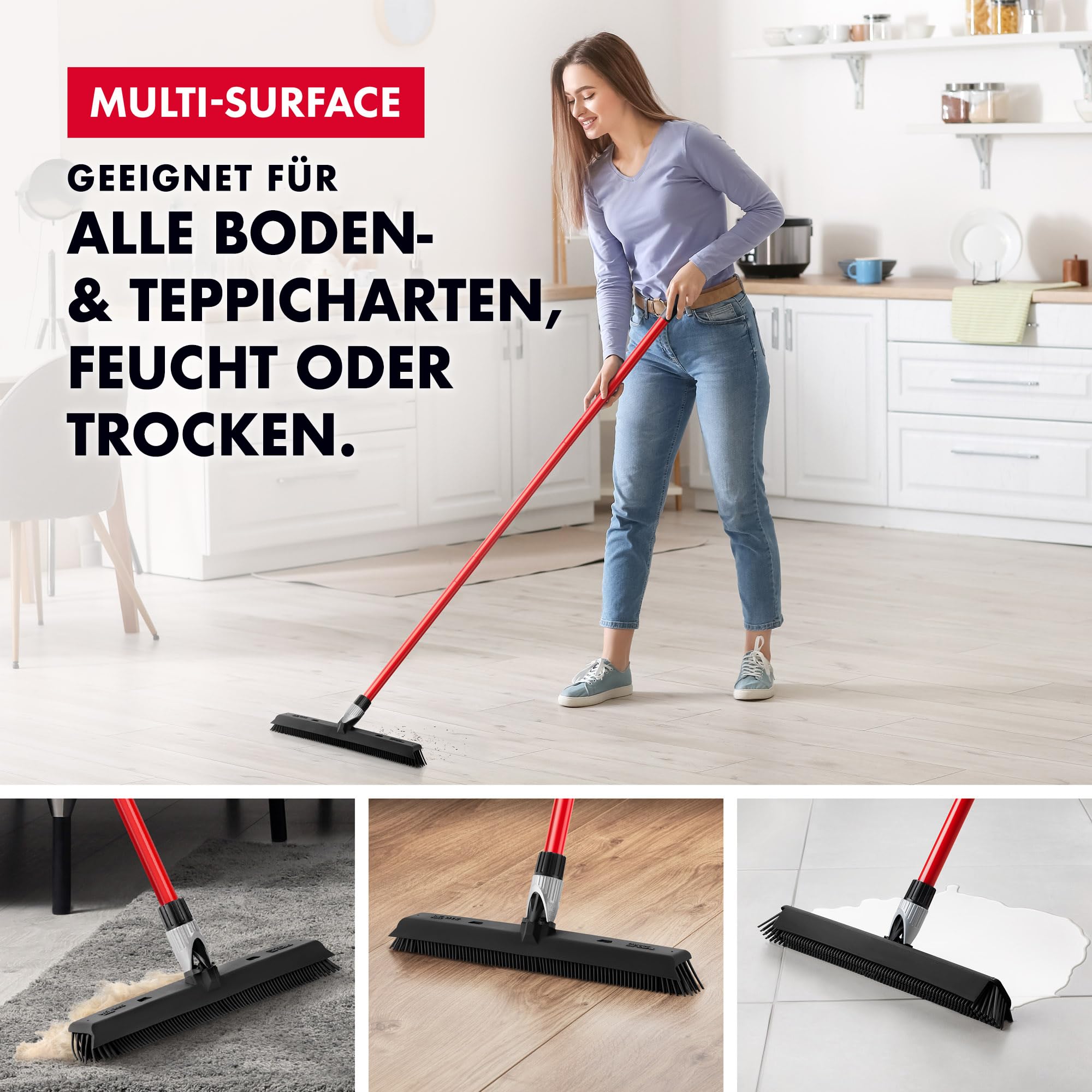 Tyroler Gummibesen & Bodenabzieher | Kehrbesen-Kopf aus 100% Naturkautschuk 41 cm | Besen mit Stiel und 140 cm Anti-Rost-Griff | Gummi-besen mit Abzieher | Gummibesen mit Stiel | Gummibesens Tierhaare 7
