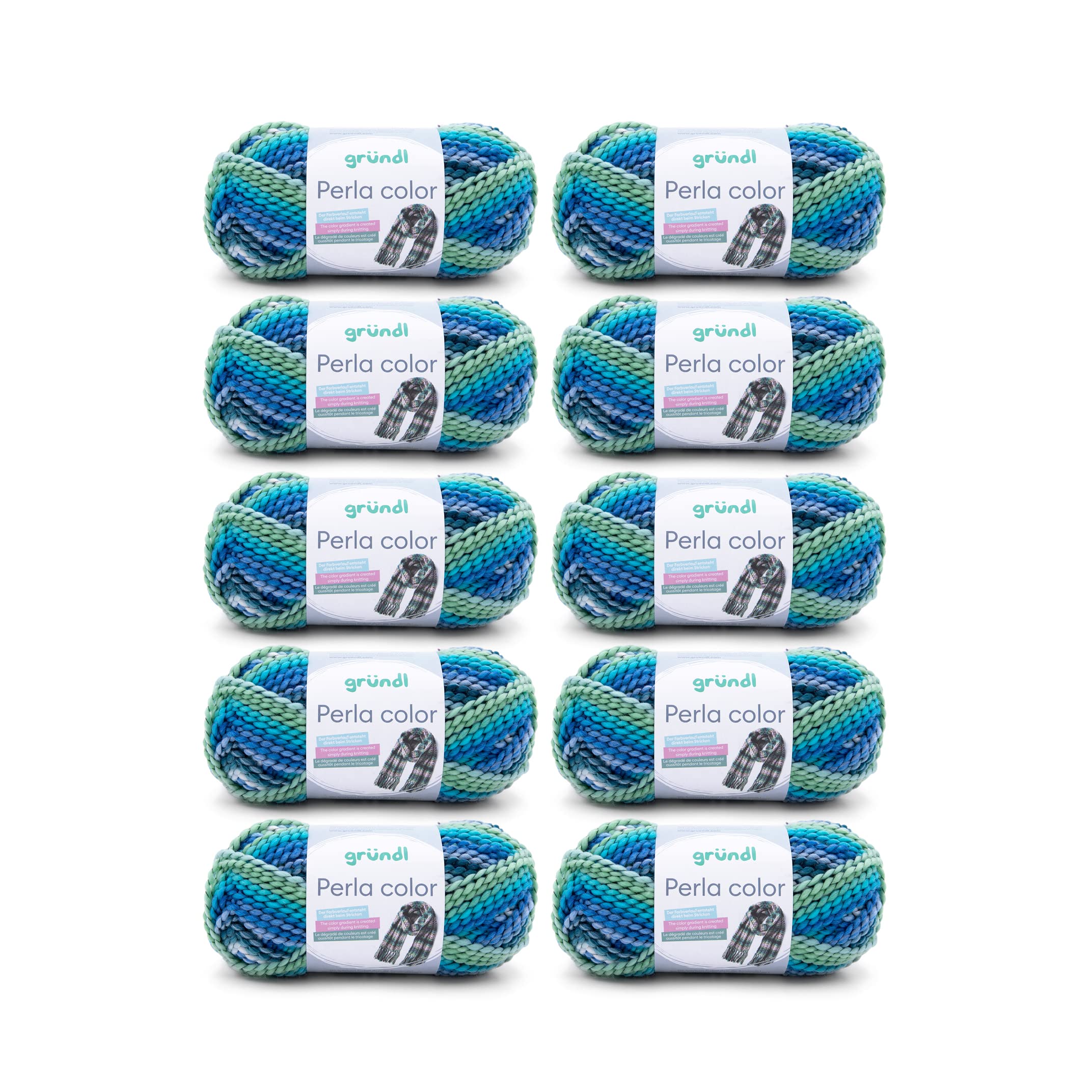 Gründl Wool Perla Colour (Wool-Like Hand Knitting Yarn Made from 100% Polyester, 100 g / 90 m, Needle Size: 8-9, 10 x 100 g), Turquoise Blue/Lagoon/Green/White