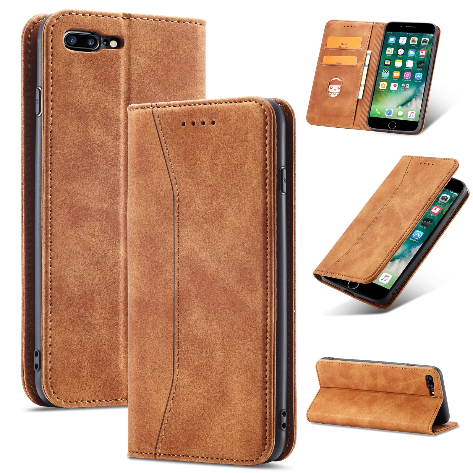 TOHULLE for iPhone 7 Plus iPhone 8 Plus Wallet Case, Vintage PU Leather Flip Case with Card Holder Kickstand Hidden Magnet Folio Case Book Cover Compatible with iPhone 7 Plus/8 Plus - Brown