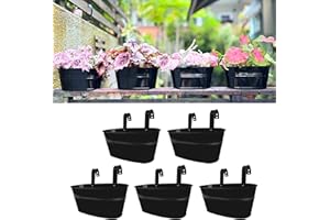 LÁLÁGREEN LaLaGreen Outdoor Plants Rail Planter (11.2 Inch, 5 Pack) Black Metal Iron Hanging Flower Pots Deck Railings Fence Buckets Modern Boho Style Wall Mount Window Box Plant Holder Hooks Porch Home Decor