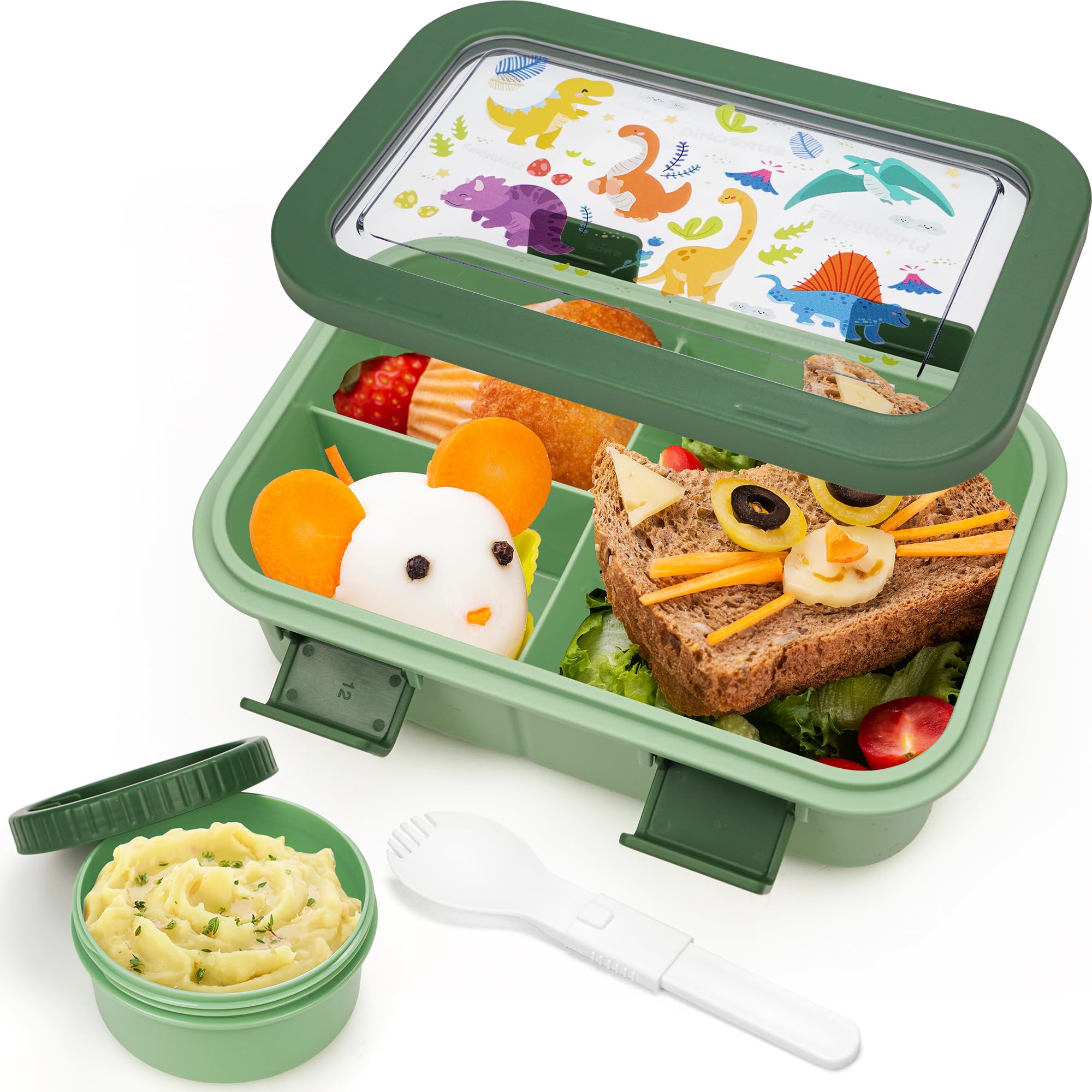 Photo 1 of Fanhaw Kids Bento Box, 32 Oz/4 Cup Lunch Box with 3 Compartments, Utensil, Sauce Jar, Microwave & Dishwasher Safe (3 Years +) (Green)